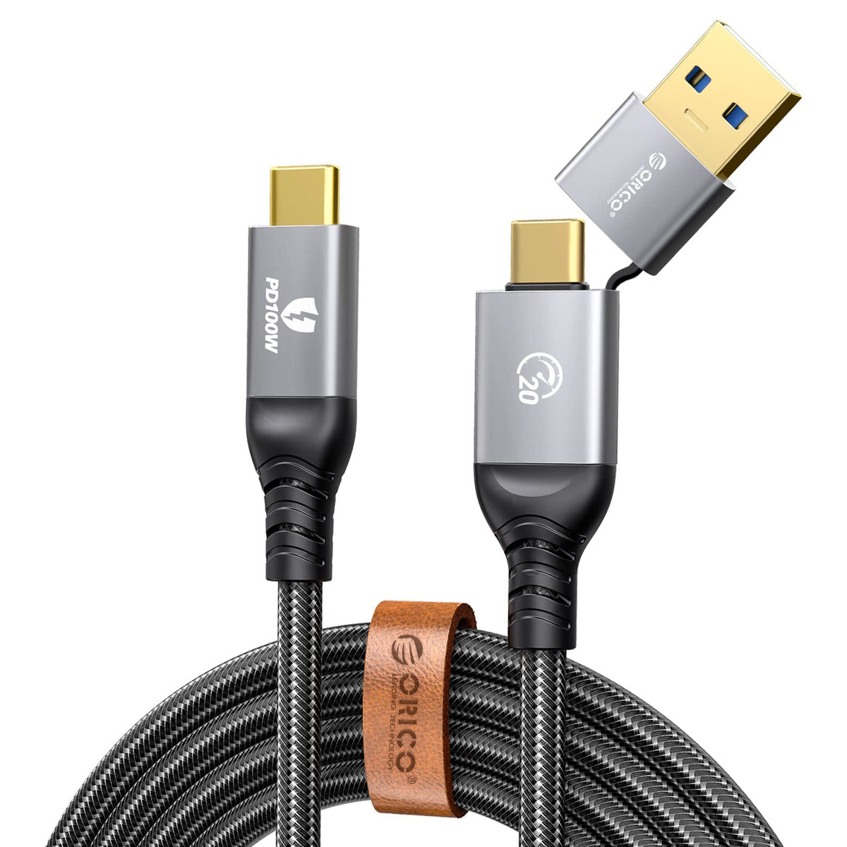ORICO USB C to USB C/USB A Cable 2 in 1, USB C 3.2 Gen2 Cable 100W Fast Charging, 4K Output 20Gbps USB C Data Cable with Strap for Thunderbolt 3/4, MacBook, iPad Pro, Oculus Quest, Switch 0.5M