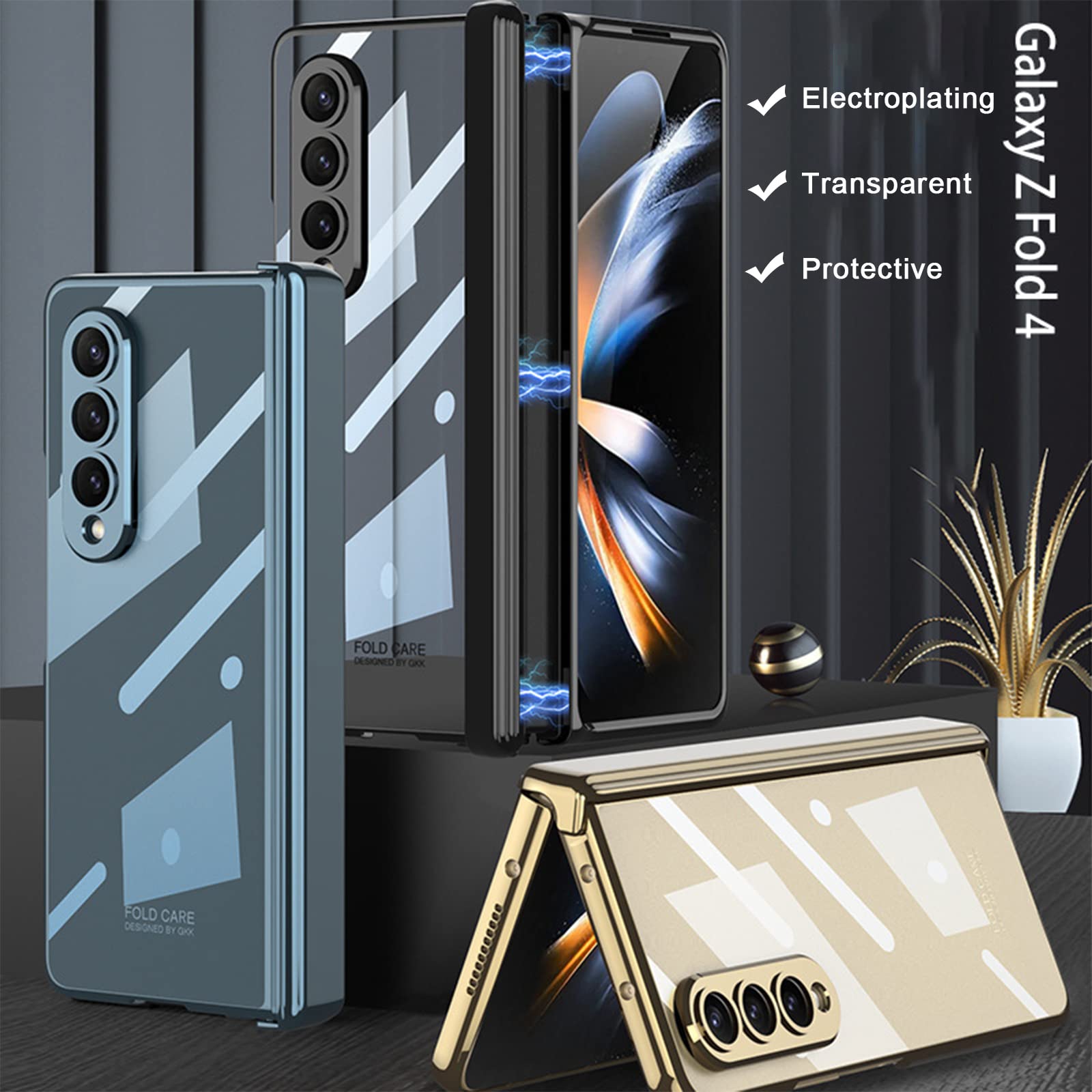 Ninki Compatible Samsung Galaxy Z Fold 4 5G Case Hinge Protection Transparent   Clear,Electroplating Magnetic Adsorption Crystal
