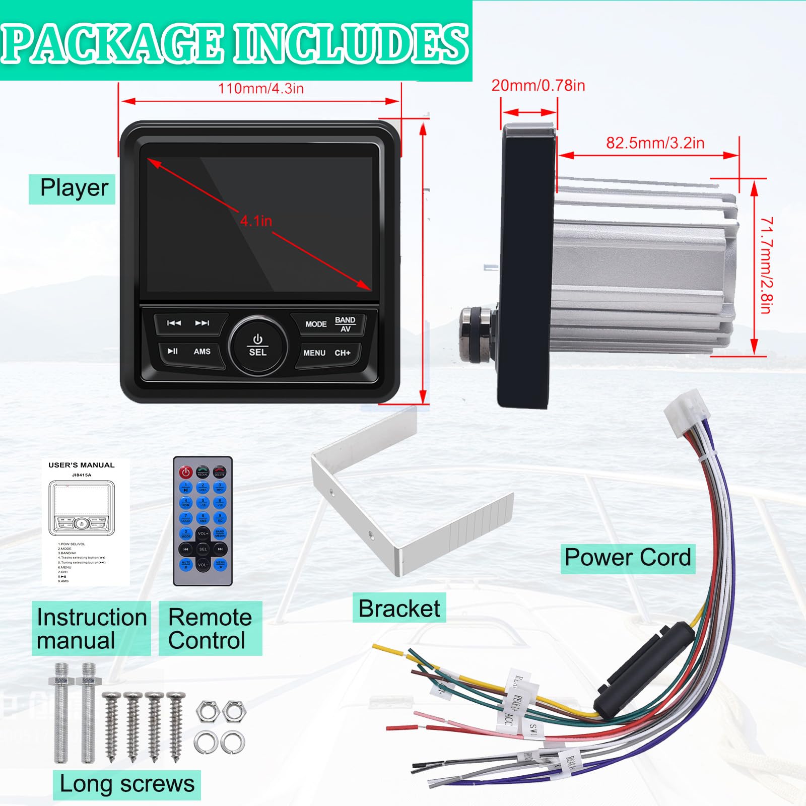 Geloo Boat Radio Marine Stereo Receiver Waterproof Digital Media Mp5 Player With 4.1'' Lcd Display For Watching Video, Wireless