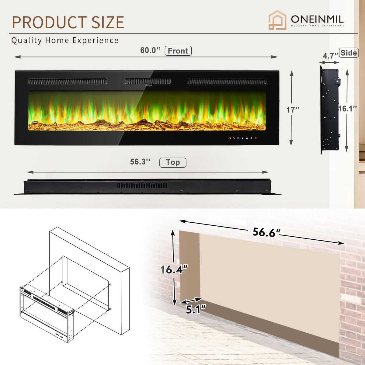 Oneinmil Electric Fireplace, 60 Inch Wide Recessed And Wall Mounted El ...