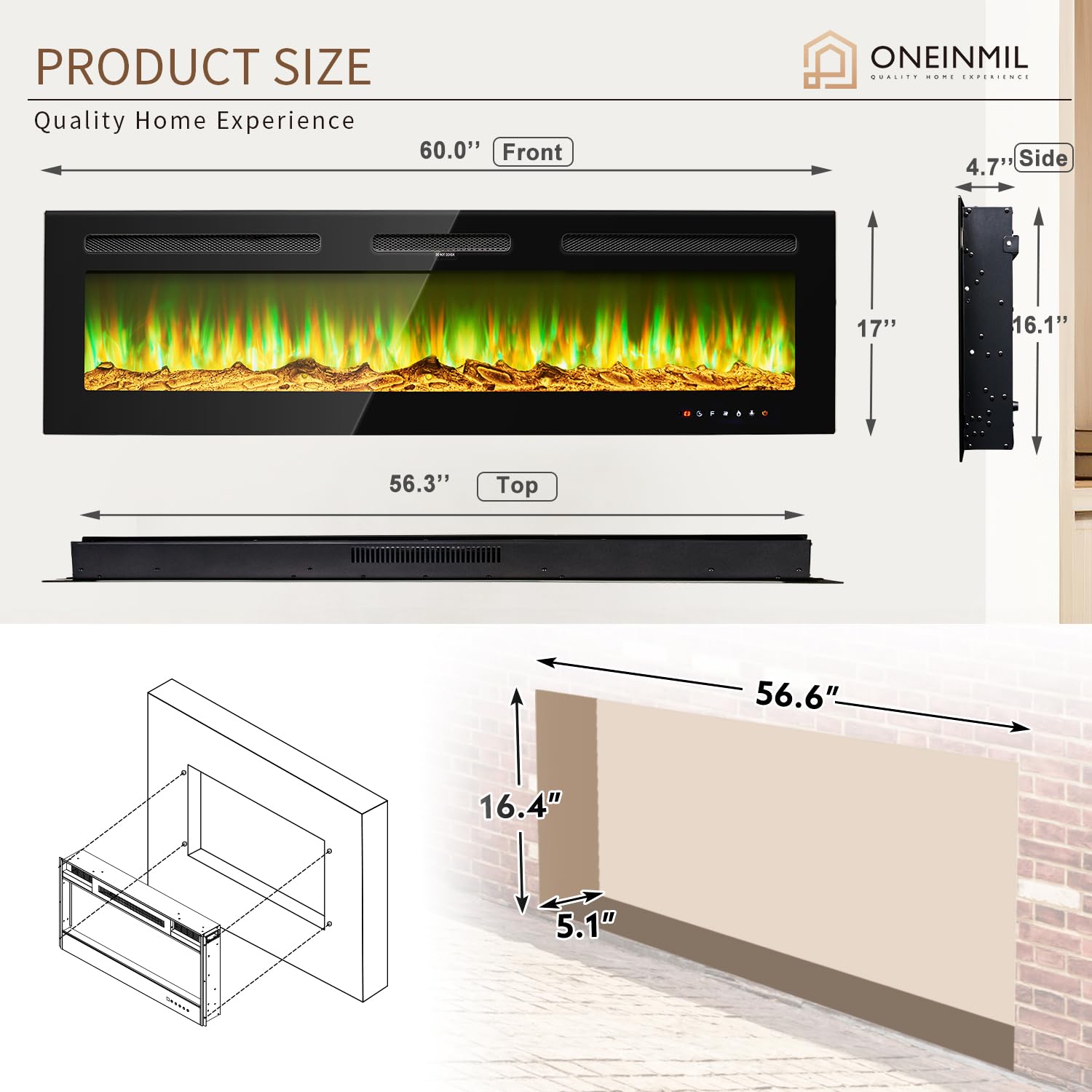 Oneinmil Electric Fireplace, 60 Inch Wide Recessed And Wall Mounted Electric Fireplace, 750W/1500W, 12 Color Flame, Remote Contr