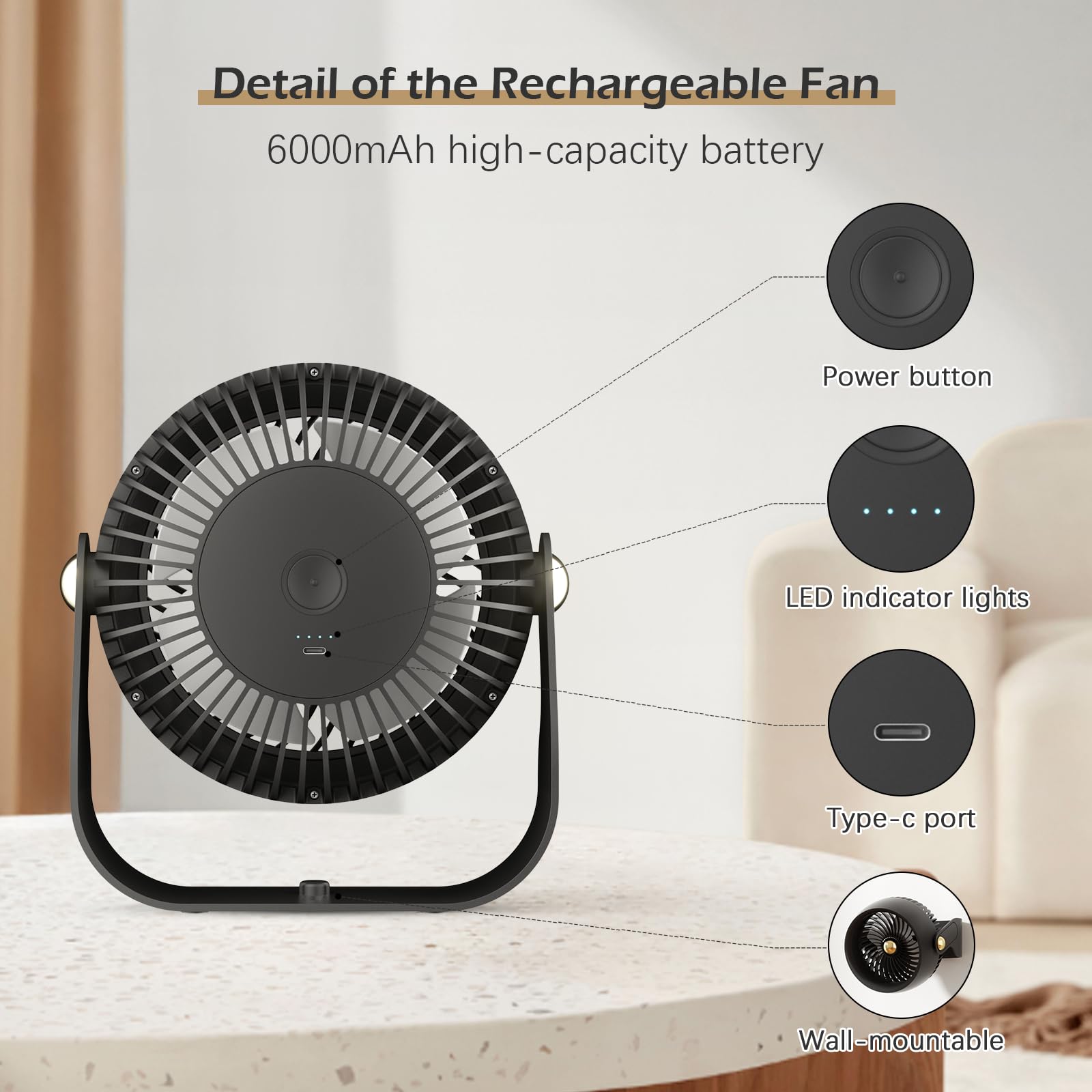 Civpower Air Circulator Desk Fan: Rechargeable Fan With 6000 Mah Battery   4 Speed And Timing   270 Adjustable Quiet Fan For Bed