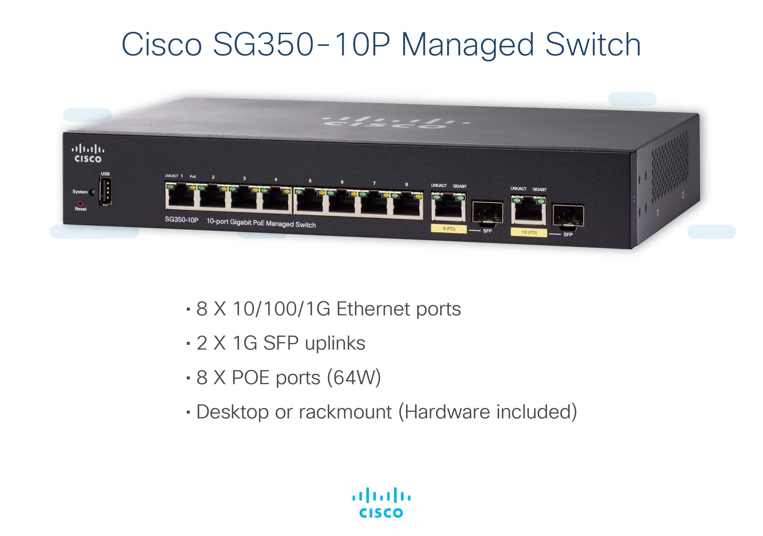 Cisco Sg350 10P Managed Switch With 10 Gigabit Ethernet (Gbe) Ports With 8 Gigabit Ethernet Rj45 Ports And 2 Gigabit Ethernet Co