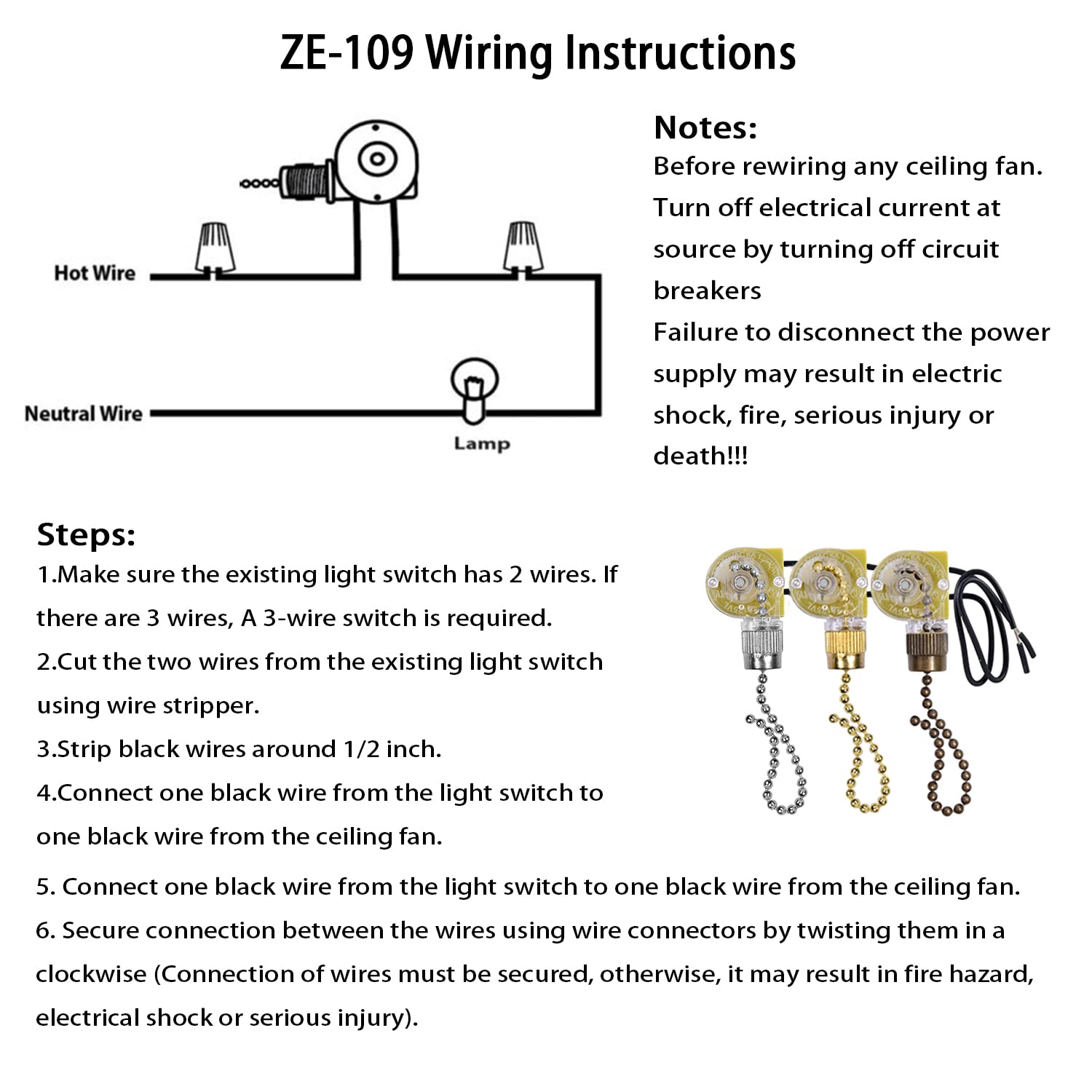 Akahttbn Ceiling Fan Switch Zing Ear Ze 109,Two Wire On Off Light Switch For Hunter Ceiling Fans Lamp And Wall Lights Replacemen