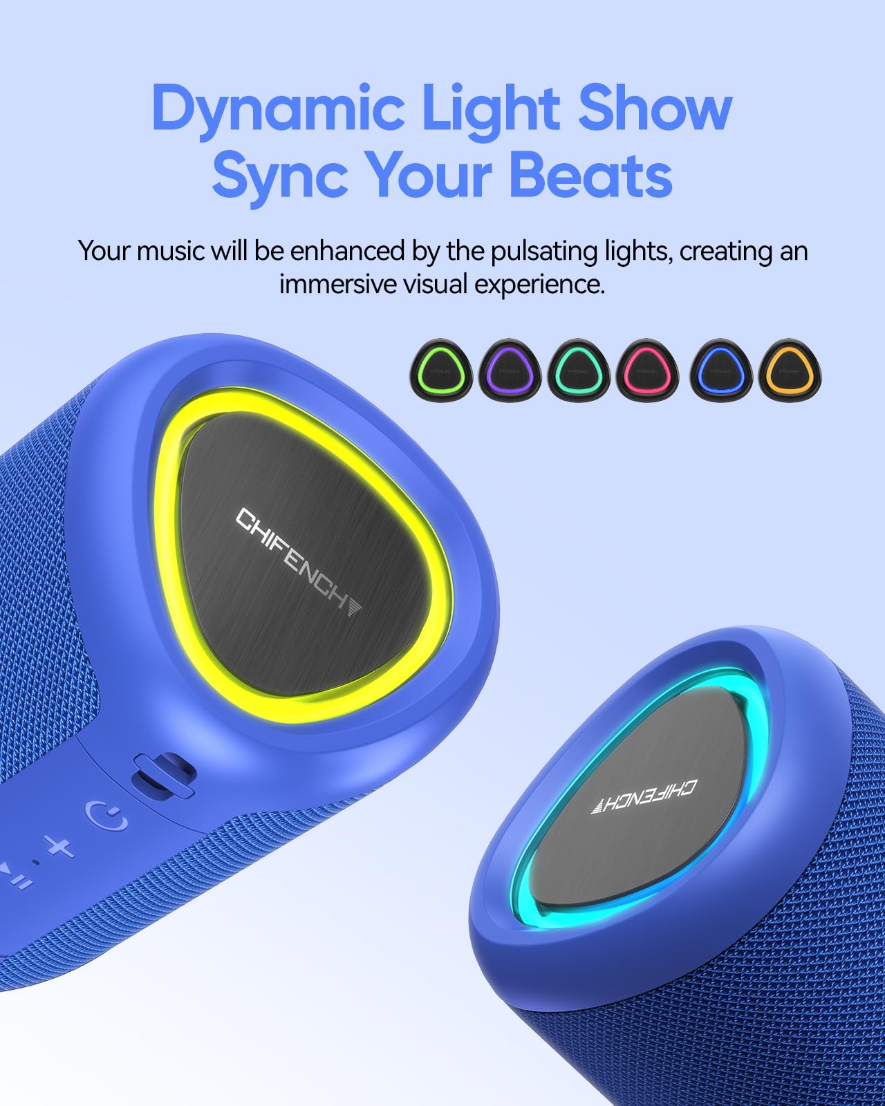 Portable Bluetooth Speaker With Lights, Powerful Crystal Clear Sound, Ipx5 Waterproof, All Day Playtime, Aux&Tf Card Input, Blue