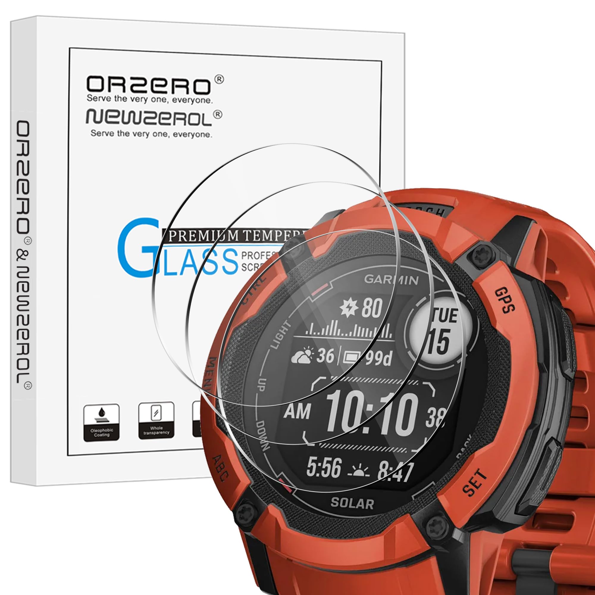 Orzero (3 Pack Compatible For Garmin Instinct 2X Solar Tempered Glass Screen Protector, 2.5D Arc Edges 9H Hd Bubble Free