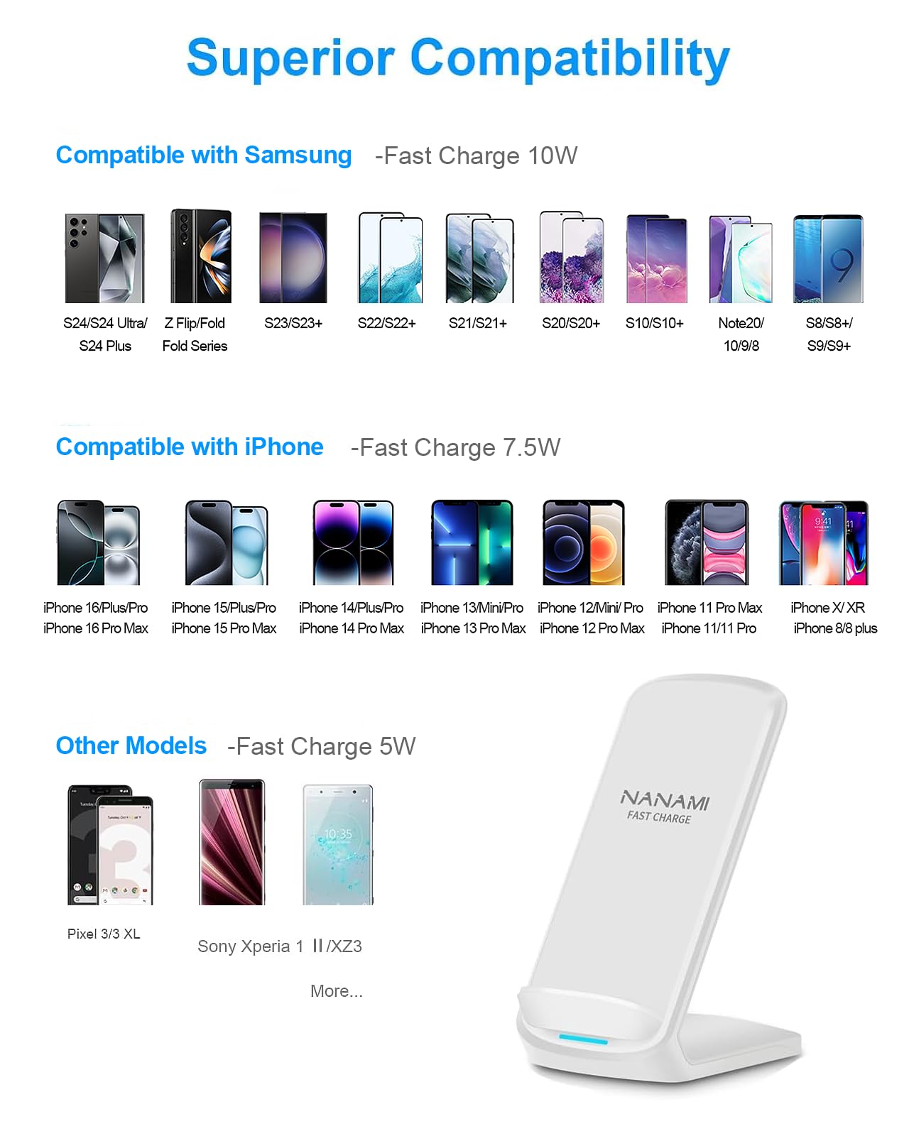 Nanami Upgraded Fast Wireless Charger, Qi Certified Wireless Charging Stand For Iphone 16/16 Plus/16 Pro/16 Pro Max/15/14/13/12/