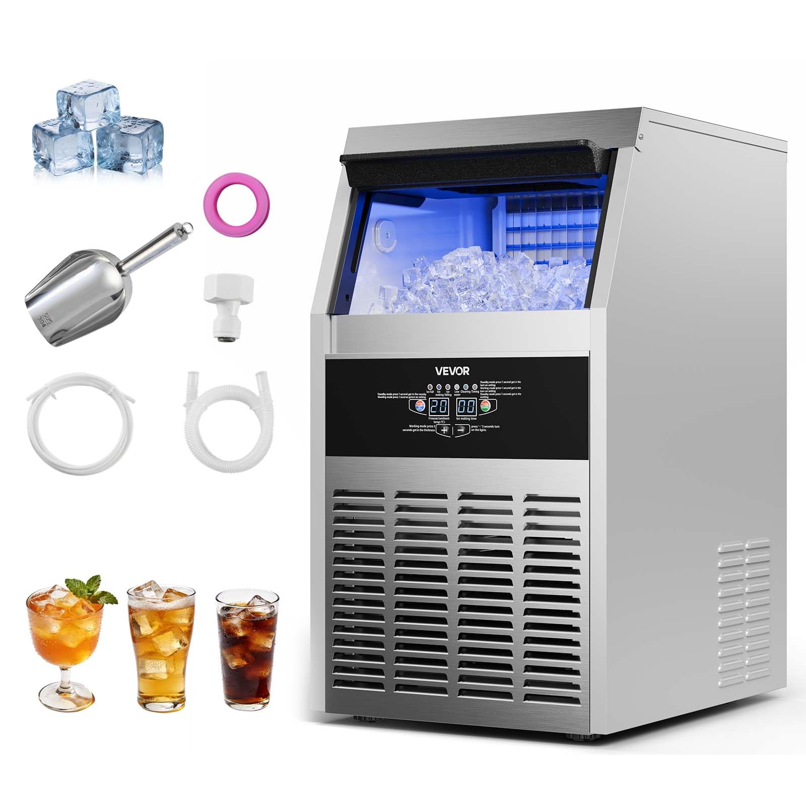 VEVOR Commercial Ice Maker Machine, 160 lbs/24h with 30 lbs Storage Capacity, Built-in/Freestanding/Under Counter, Stainless Ste