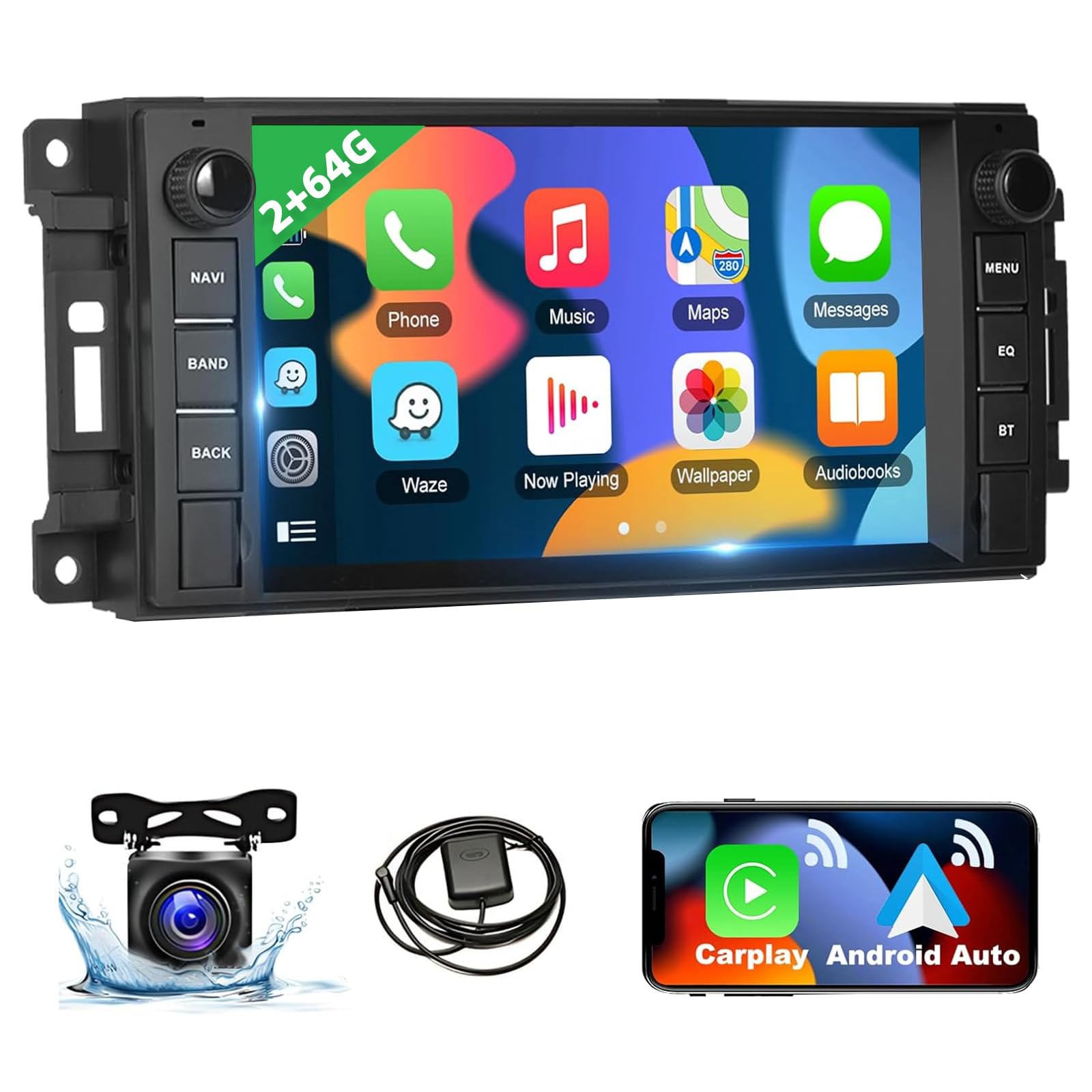 Podofo 2+64G Car Stereo For Jeep Wrangler Dodge Chevrolet Ram 1500 Android Radio With Wireless Apple Carplay, 7' Touchscreen Stereo With Wifi, Gps, Rds/Fm Radio, Bluetooth + Backup Camera & Mic