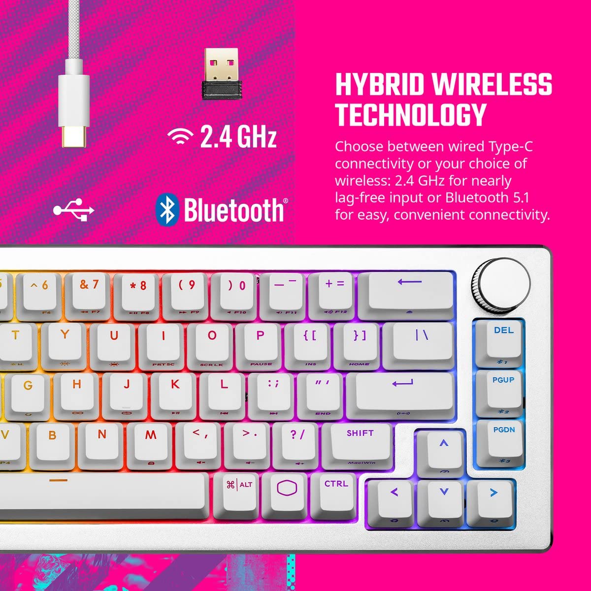 Cooler Master Ck721 65% Hybrid Wireless 2.4Ghz/Bluetooth Silver/White Mechanical Gaming Keyboard, Tactile Brown Switches, Custom