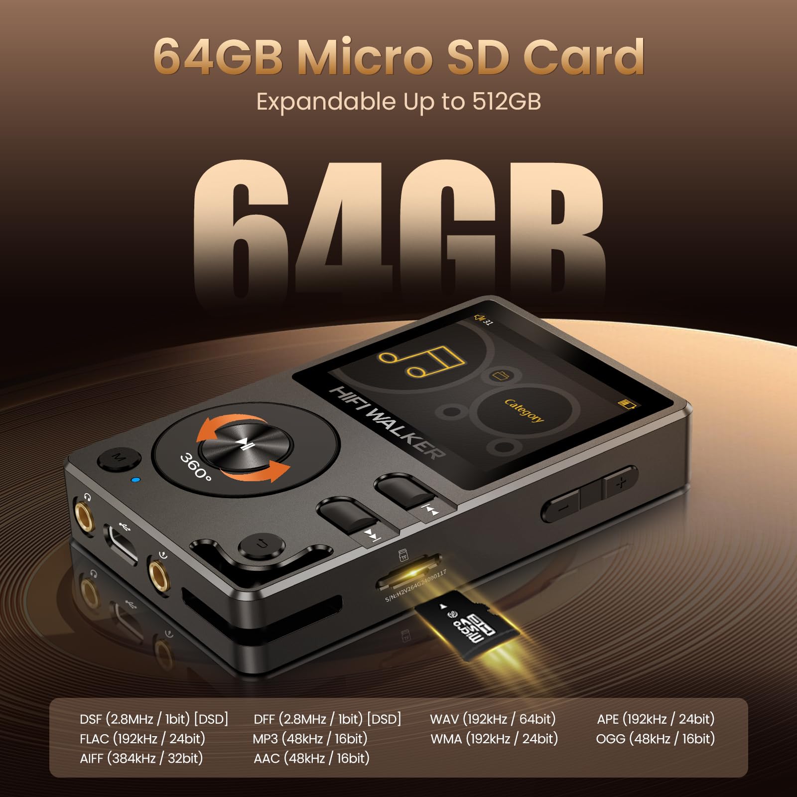 Hifi Walker H2 Hifi Mp3 Player With Bluetooth 5.2, Lossless Dsd Flac Player, Digital Audio Player Hi Res Portable Music Dap Play