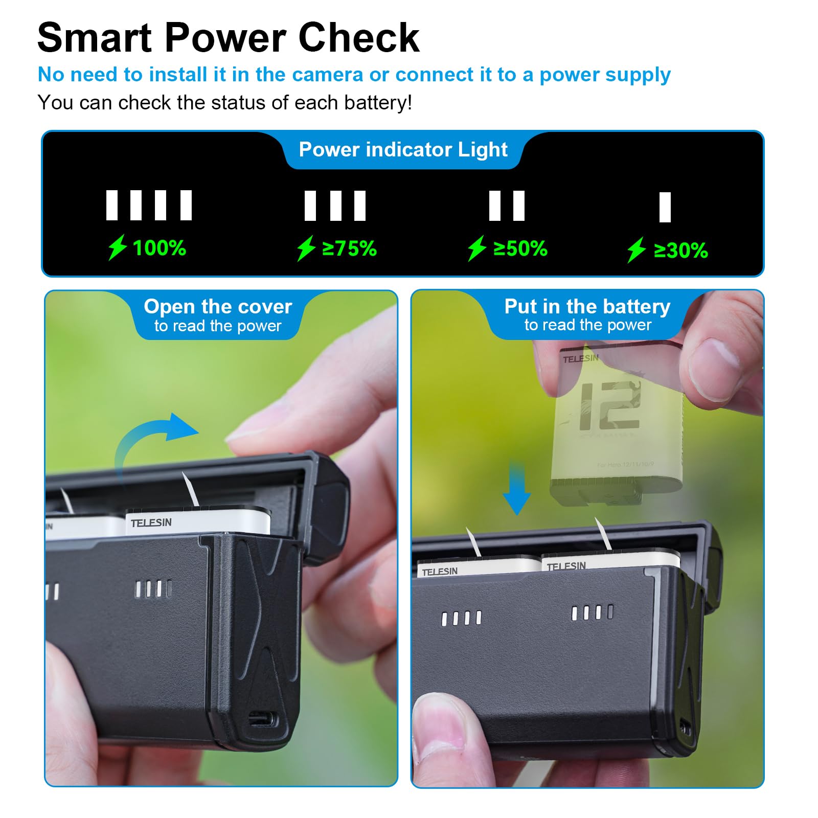 Telesin Enduro Battery Charger For Gopro 12 11 10 9, Pocket Size With Smart Power Indicator Side Charging Port For Go Pro Enduro