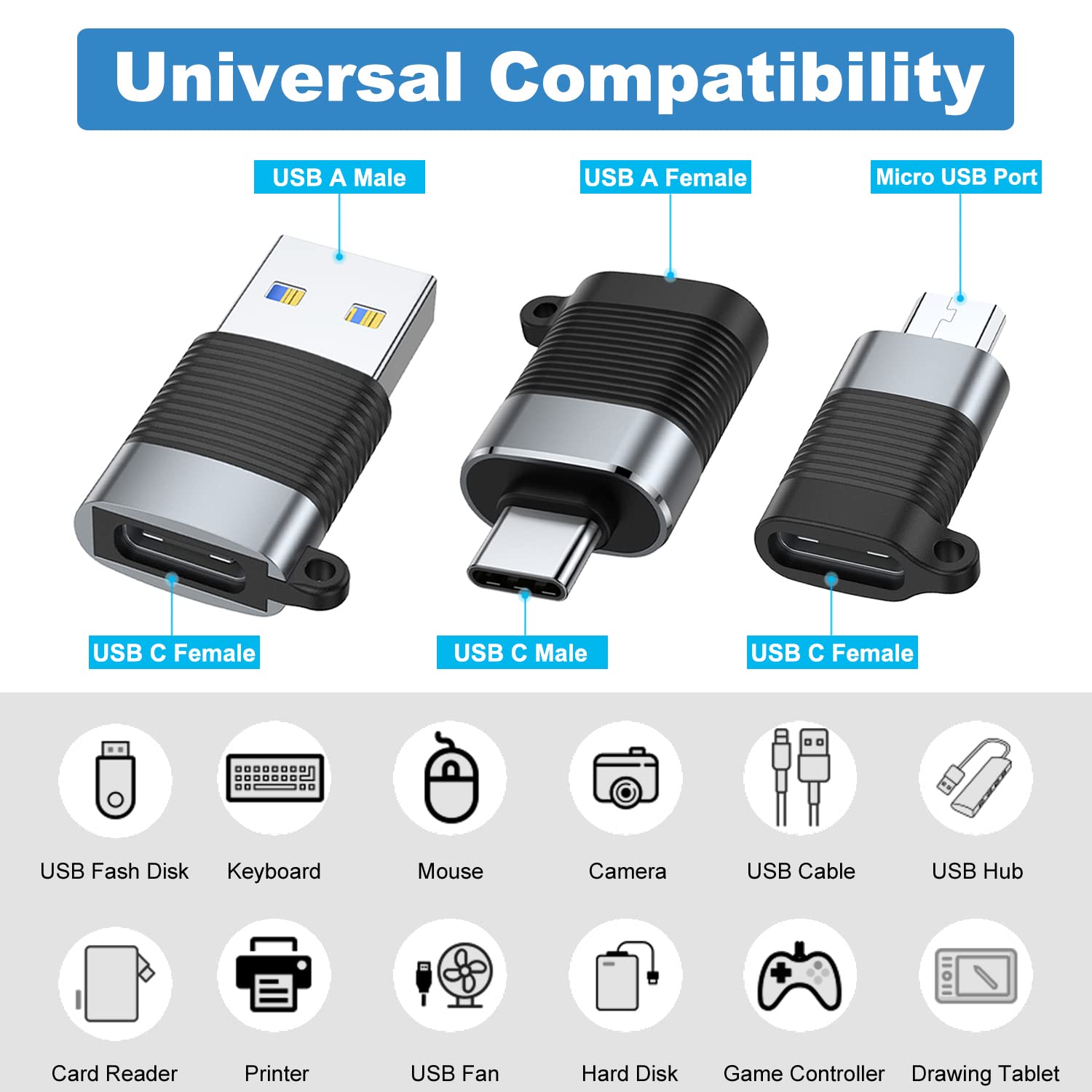 Areme Usb C Adapter (6 Pack), Micro Usb Male To Usb C Female, Usb 3.0 Male To Usb C Female, Usb Type C Male To Usb 3.0 Female Co