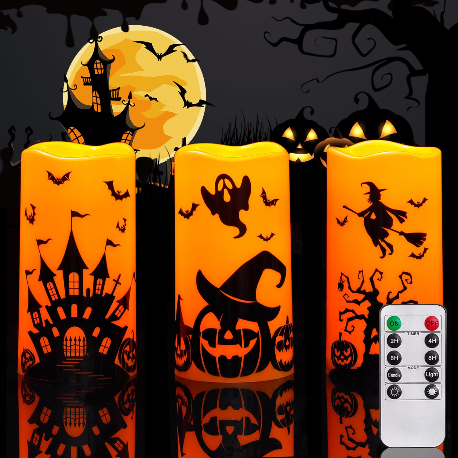 Homemory Halloween Candles, Orange Flameless Candles, Battery Operated Led Pillar Candles With Remote Timers For Halloween Decor