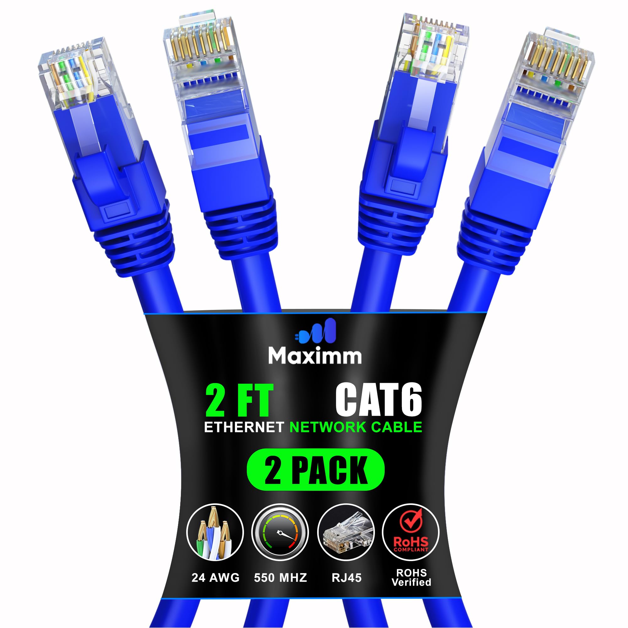 Maximm Cat 6 Ethernet Cable 2 Ft (2 Pack)   High Speed Lan Cable, Internet Cable, Patch Cable, And Network Cable   Utp, 10Gbps, 550Mhz Ethernet Cord   Blue