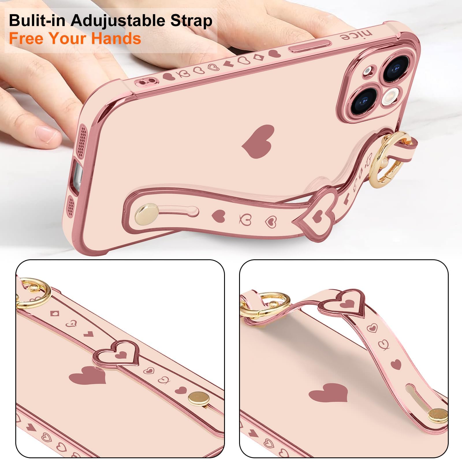 Llz.Coque For Iphone 13 Case Cute Love Heart Plating Strap Phone Cover For Women Girls Bling Soft Silicone Camera Lens Protectio