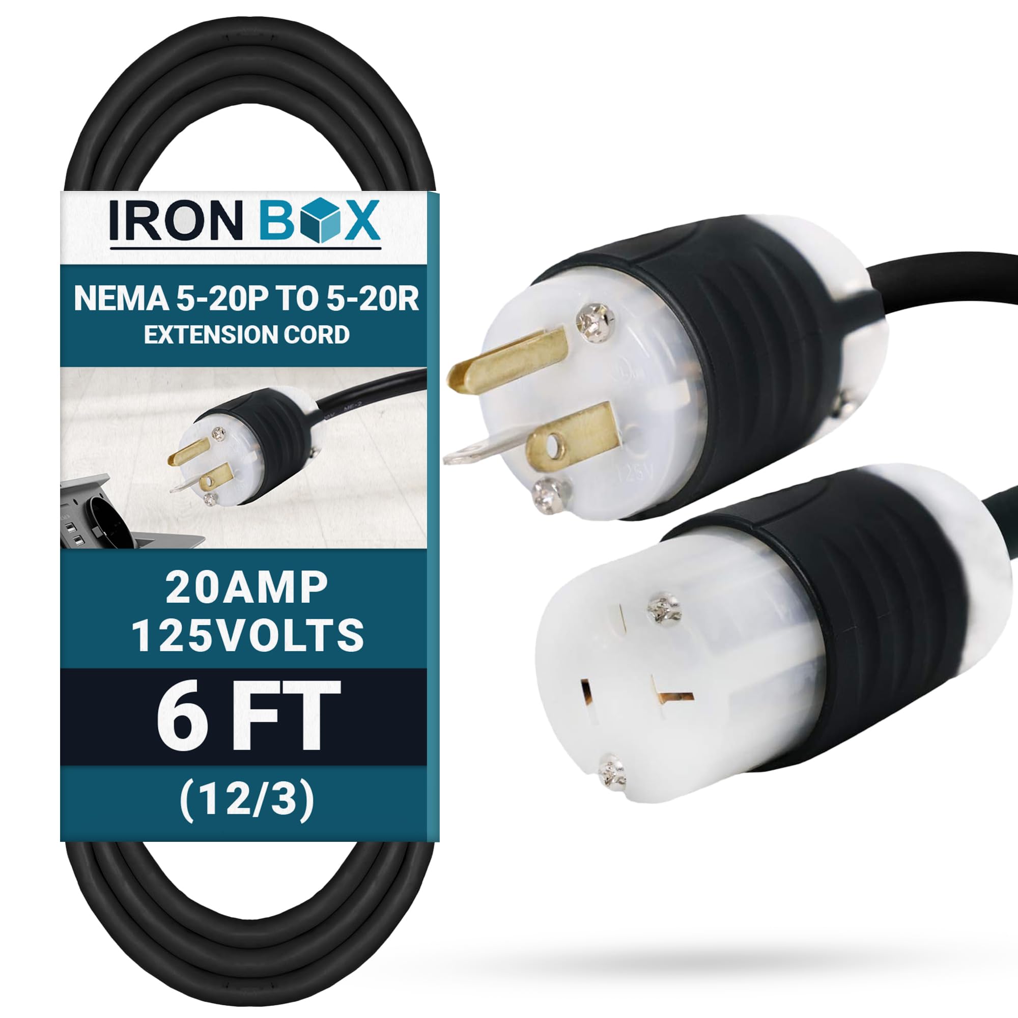 Ironbox Electric Nema 5 20P To 5 20R Extension Cord   20A, 125V, 12/3 Sjt   Heavy Duty Outdoor Generator Cords & Plugs   Ul List