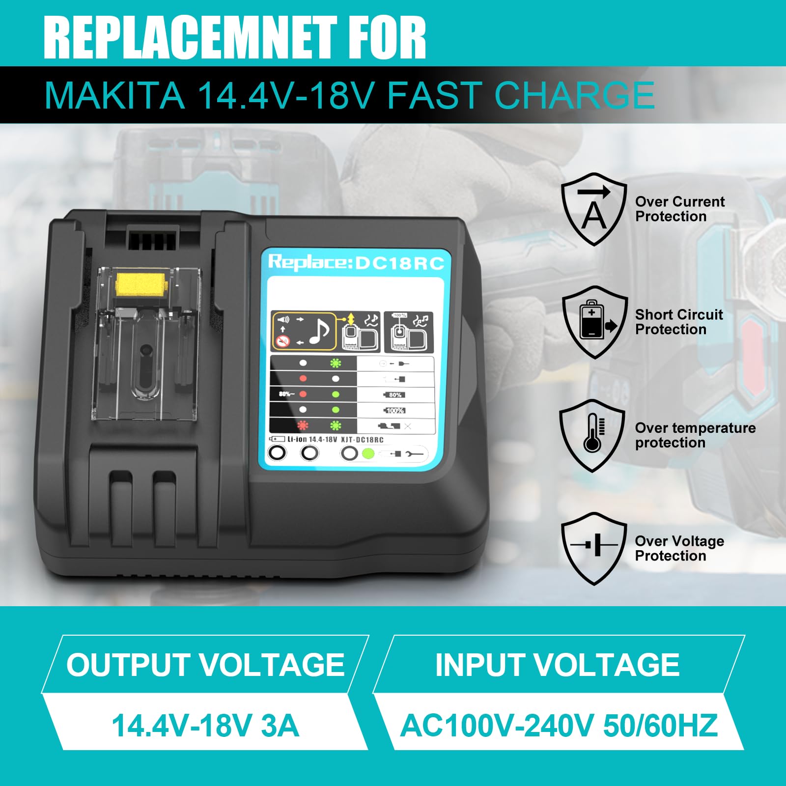 Powilling Dc18Rc Lithium Ion Battery Charger With Led Screen For Makita 14.4V 18V Lithium Ion Battery Bl1830 Bl1840 Bl1850 Bl181