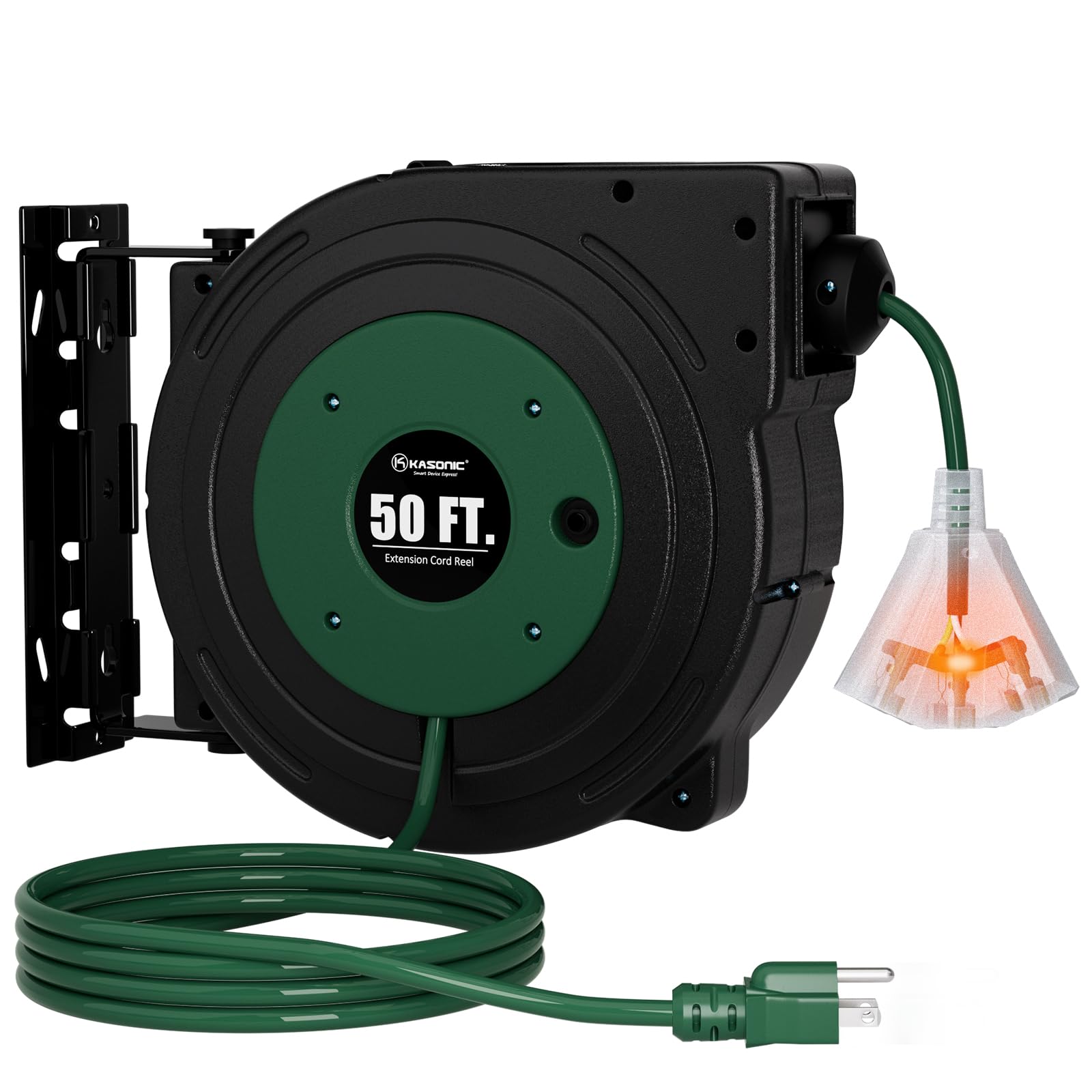 K Kasonic   50 Ft Retractable Extension Cord Reel, Ul Listed, 14Awg/3C Sjtow Heavy Duty Power Cord, 3 Grounded Outlets Lighted T