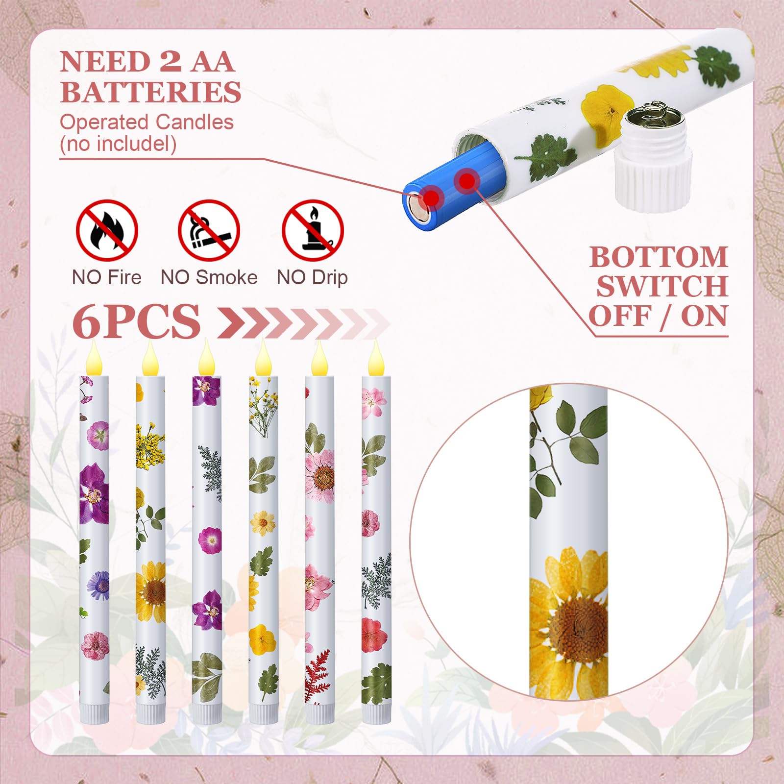 Nuanchu 6 Pcs Floral Taper Candles 10.6 Inch Pastel Flameless Candles Colored Battery Operated Dried Flower Candlestick Led Pres