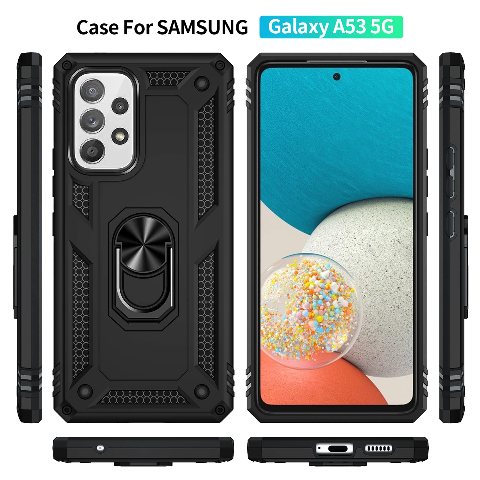 Pushimei Samsung A53 5G Case, Galaxy A53 5G Case With Screen Protector, [Military Grade 16Ft. Drop Tested] Magnetic Ring Holder