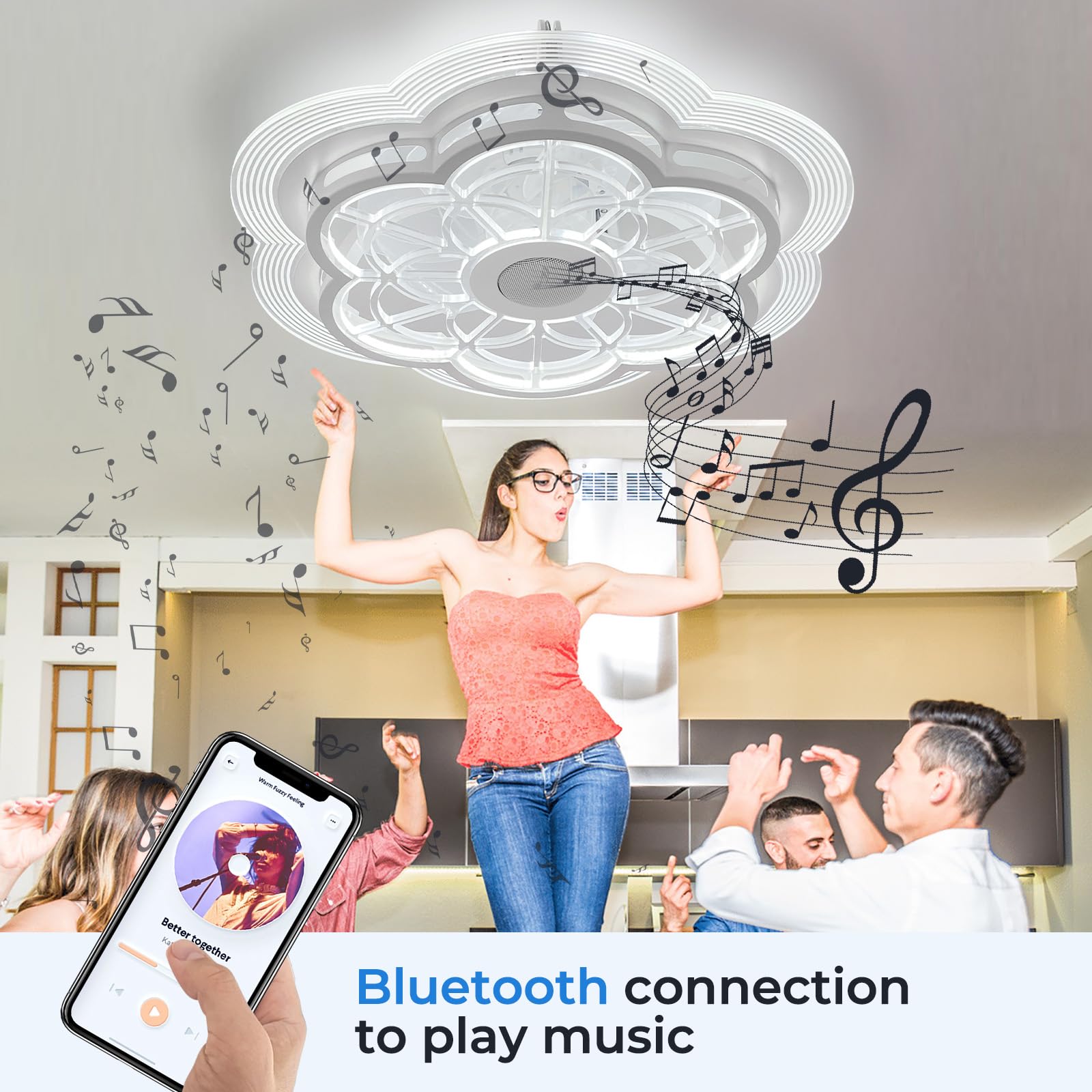 Ceiling Fan With Lights Remote Control, Enclosed Flower Light Fan, With Bluetooth Speaker 3 Colors Dimmable 6 Speeds, Flush Moun