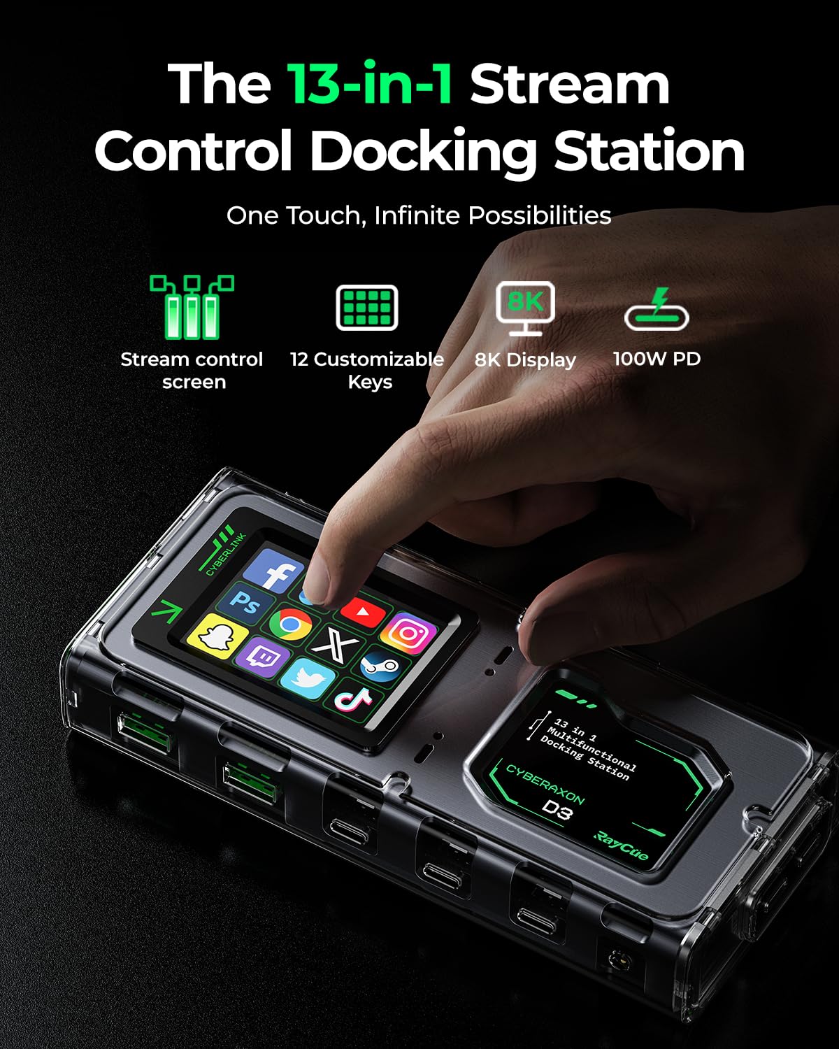 Cyberaxon D3 13-In-1 Multifunctional Stream Control Dock - Usb C Docking Station With 2.4 Touchscreen(12 Macro Keys), 3X Hdmi (4