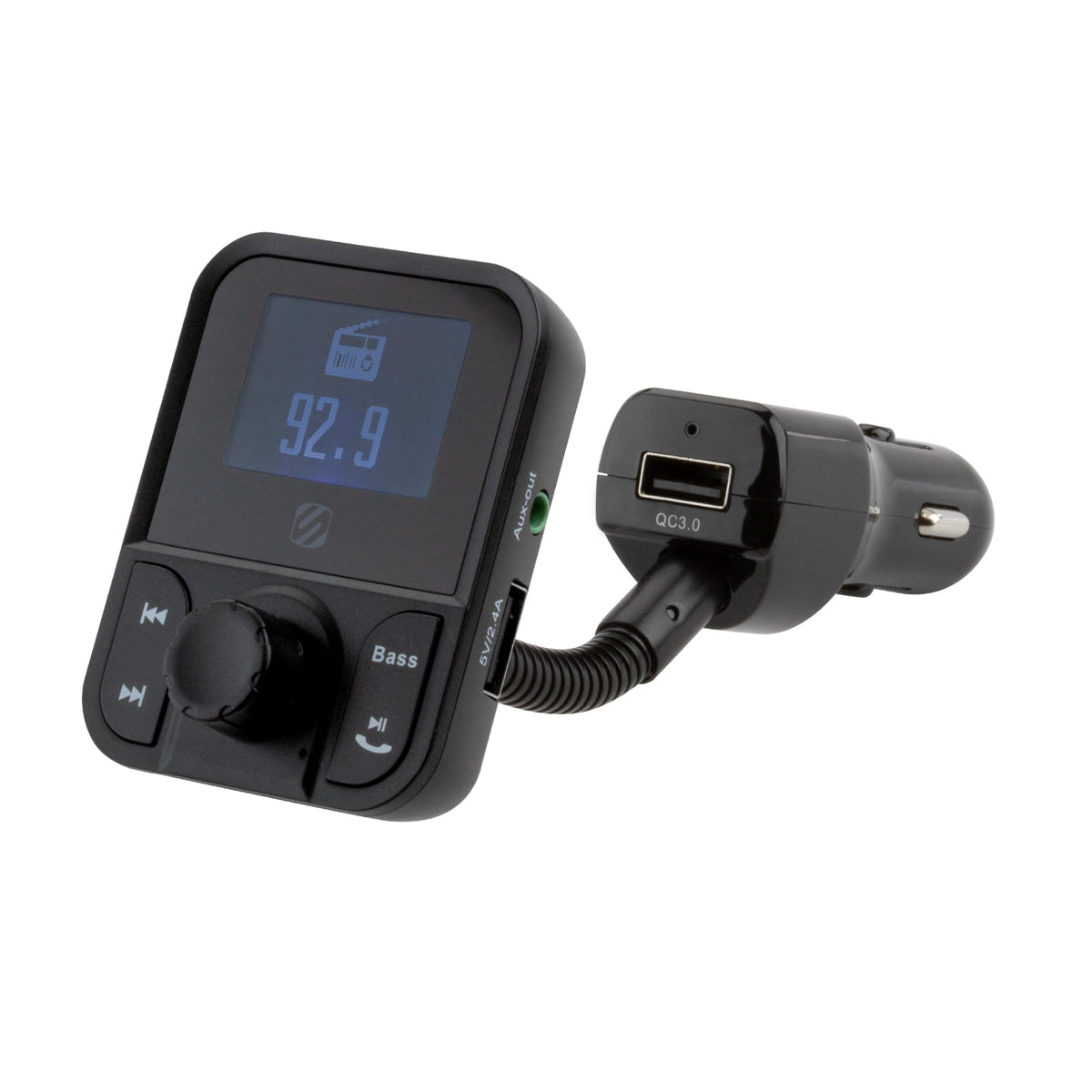 Scosche SBTFM1-XCES0 Bluetooth 5.0 FM Transmitter w/ Dual USB Charger Ports, LCD Screen, Adjustable Neck & Aux Port, Wireless Radio Bluetooth Adapter, Hands-Free Car Kit for Phone Calls & Music Player