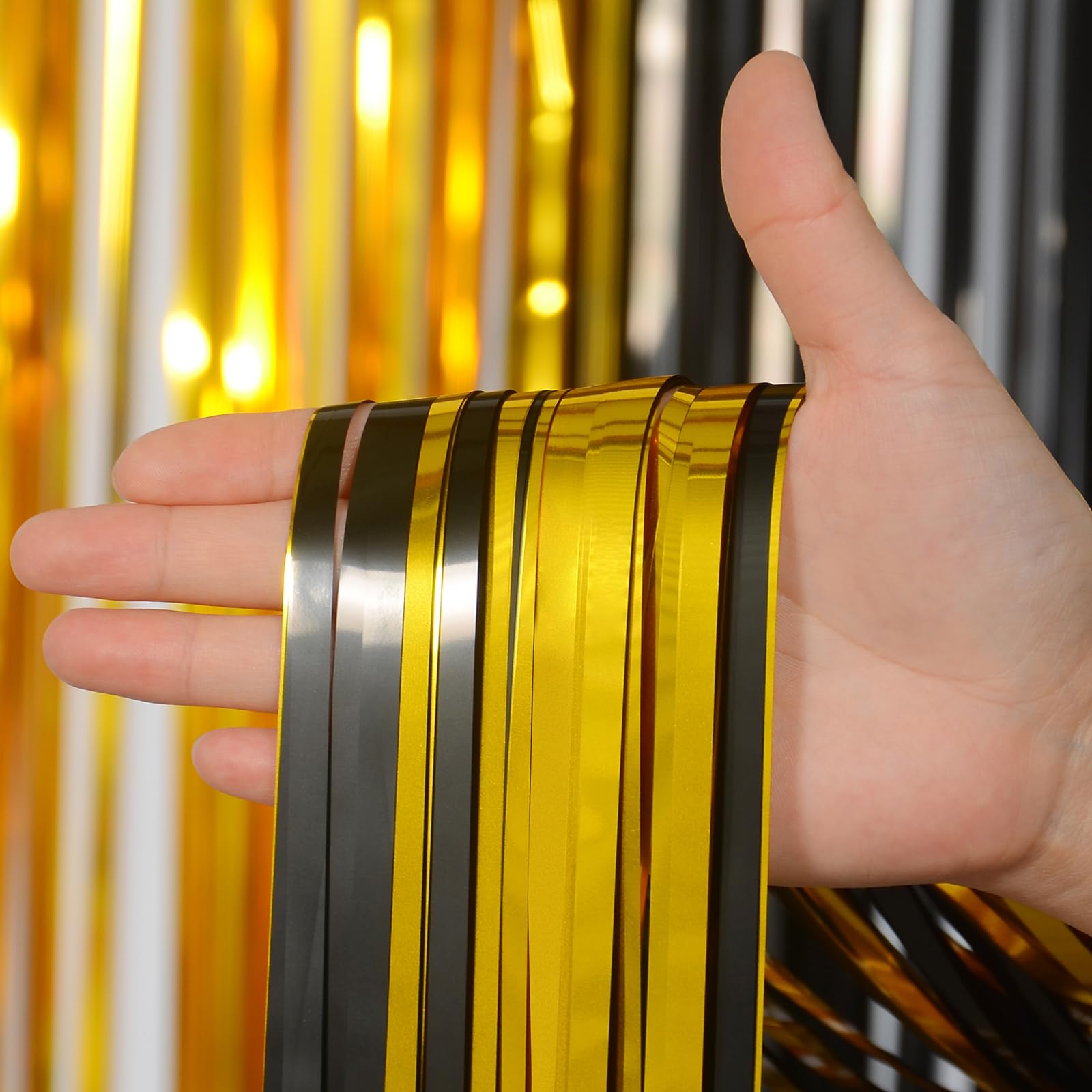 Melsan Black And Gold Party Streamers Decoration   3.2Ft X 8Ft Glitter Foil Fringe Curtain For New Year Eve, Anniversary, Retire