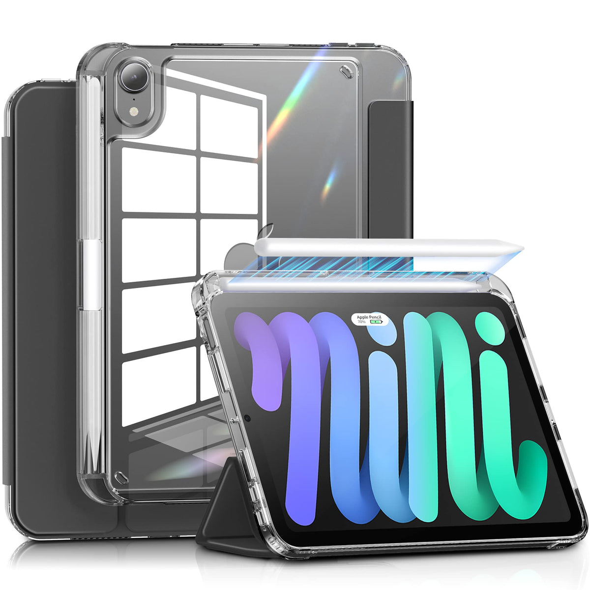 Infiland New Hybrid Ipad Mini 6 Case (8.3 Inch, 2021), Ultra Clear Back & Pu Leather Cover 6 Ft Drop Protection Ipad Mini 6Th Generation Case With Pencil Holder Support Wireless Charging, Clear Grey