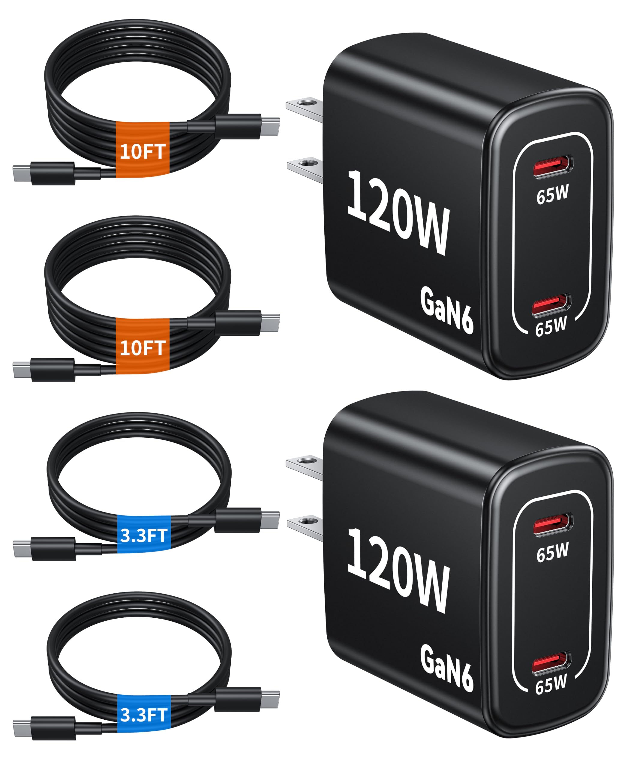 120W Fast Charger USB C  2 Pack 65W PD Dual Port GaN Type C Charging Block