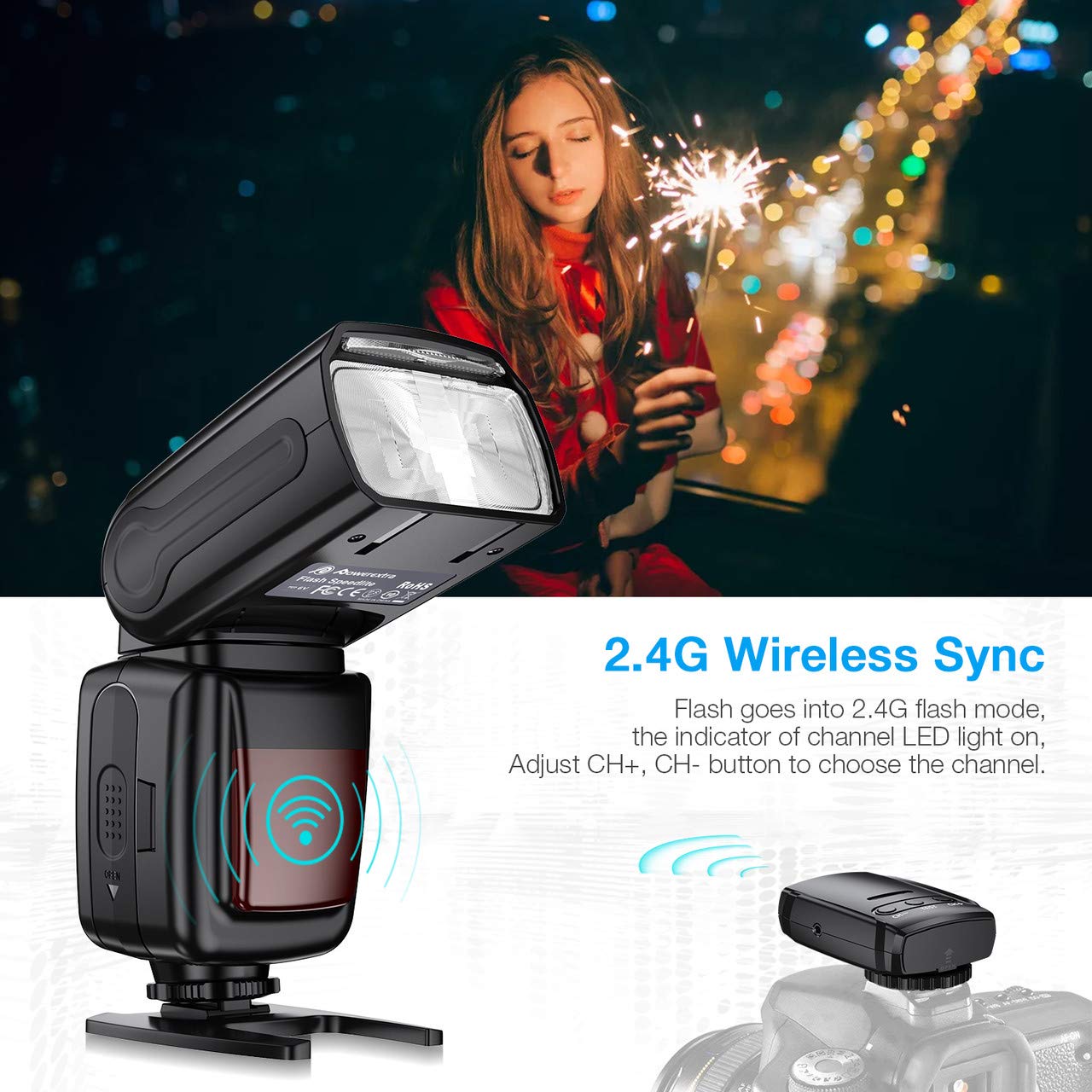 Powerextra LCD Display Flash Speedlite, 2.4G Wireless Flash Trigger Transmitter Kit for CA Nikon Pentax Panasonic Olympus and Sony DSLR Camera, Digital Cameras with Standard Hot Shoe