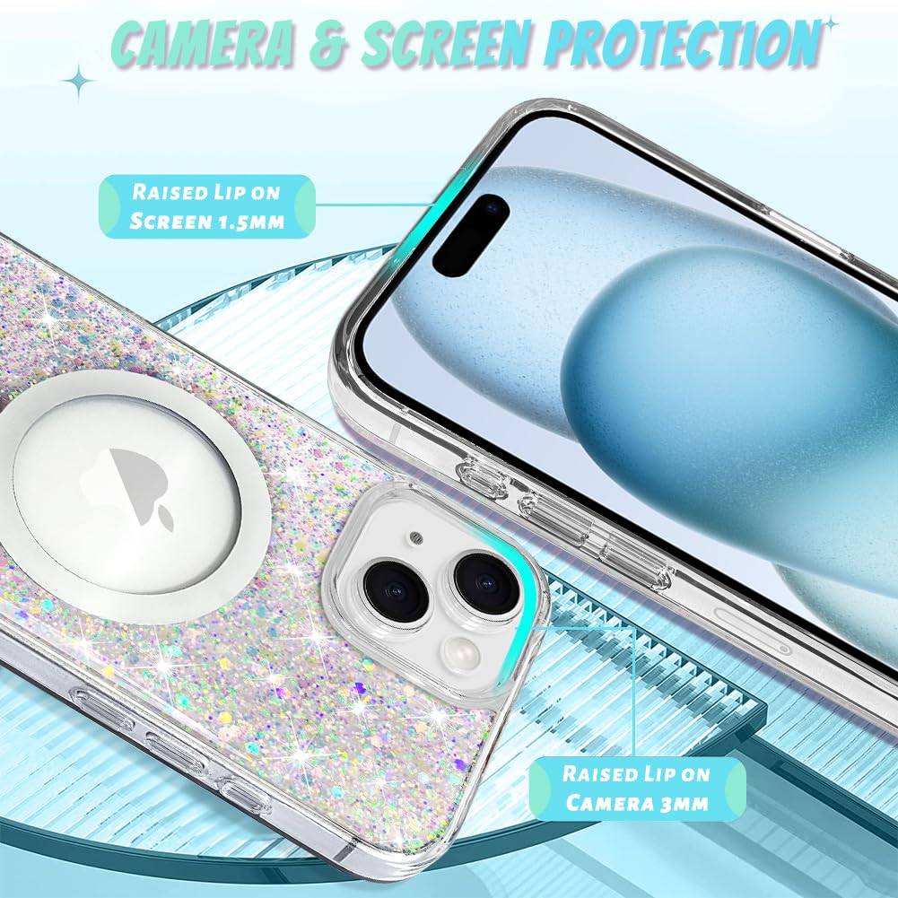 Bonoma For Iphone 15 Plus Case, Sparkly Glitter Bling Back, Magnetic Support For Magsafe Shockproof Case, Crystal And Clear High