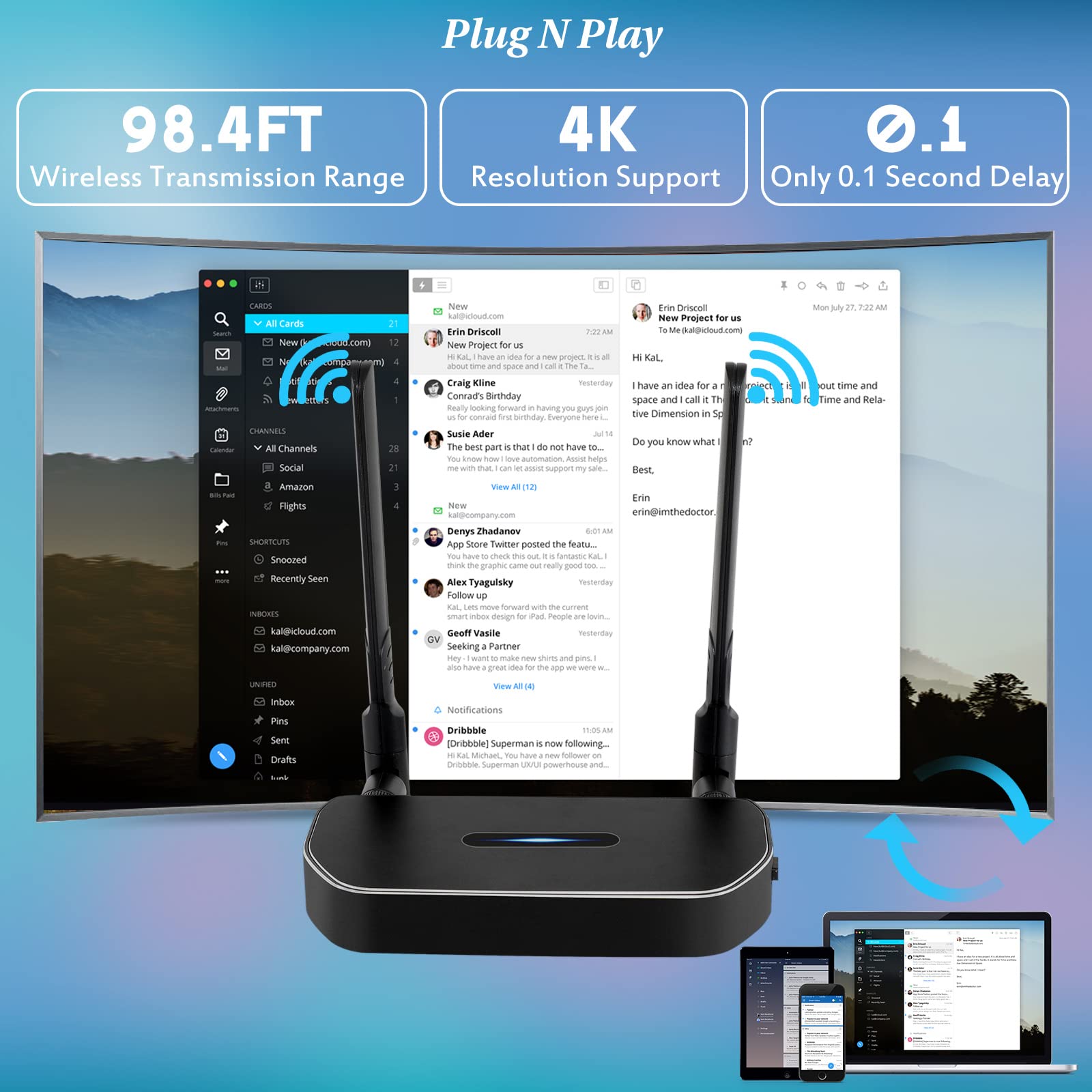 Wireless Hdmi Transmitter And Receiver 4K Kit.One Receiver And Two Transmitter Packages,Switch At Will,Matching Distance 50M Vga
