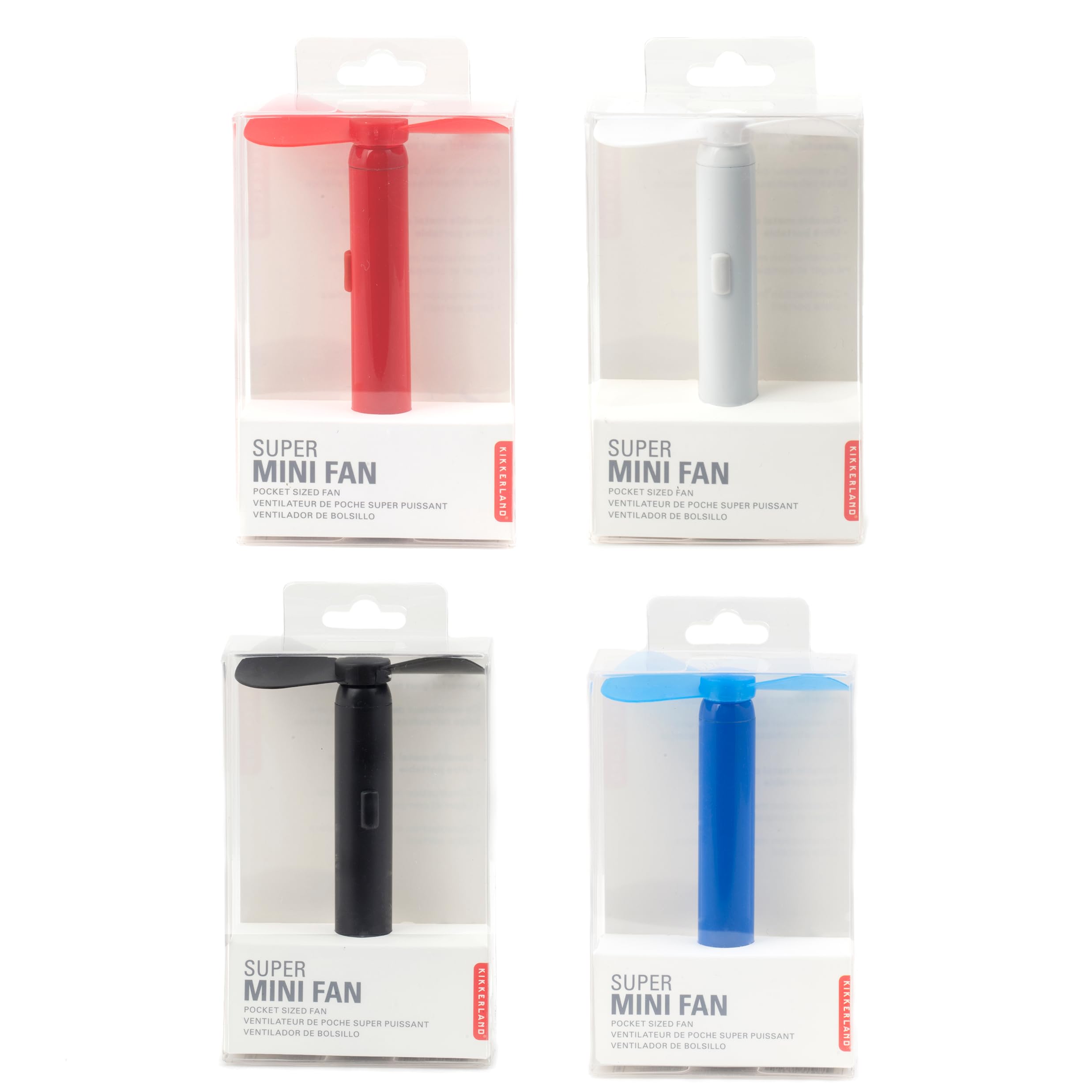 Kikkerland Handheld The Super Mini Compact Portable Brass Metal Pocket Sized Small Fan, Battery Operated (AAA), in Blue/Black/Re