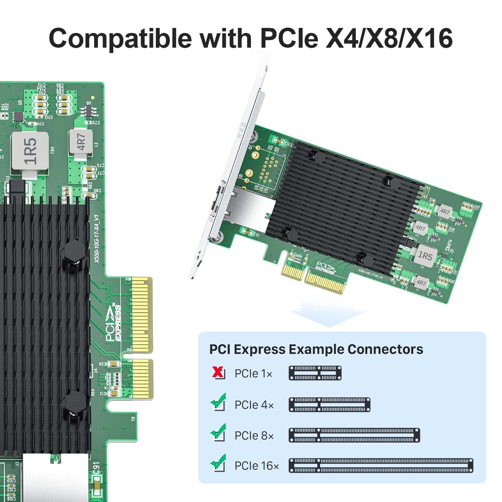 10Gb Pcie Network Card Compatible For Intel X550 T1, Pcie V3.0 X4, Single Rj45 Port, With Intel X550 At Controller, 1G/10G Multi