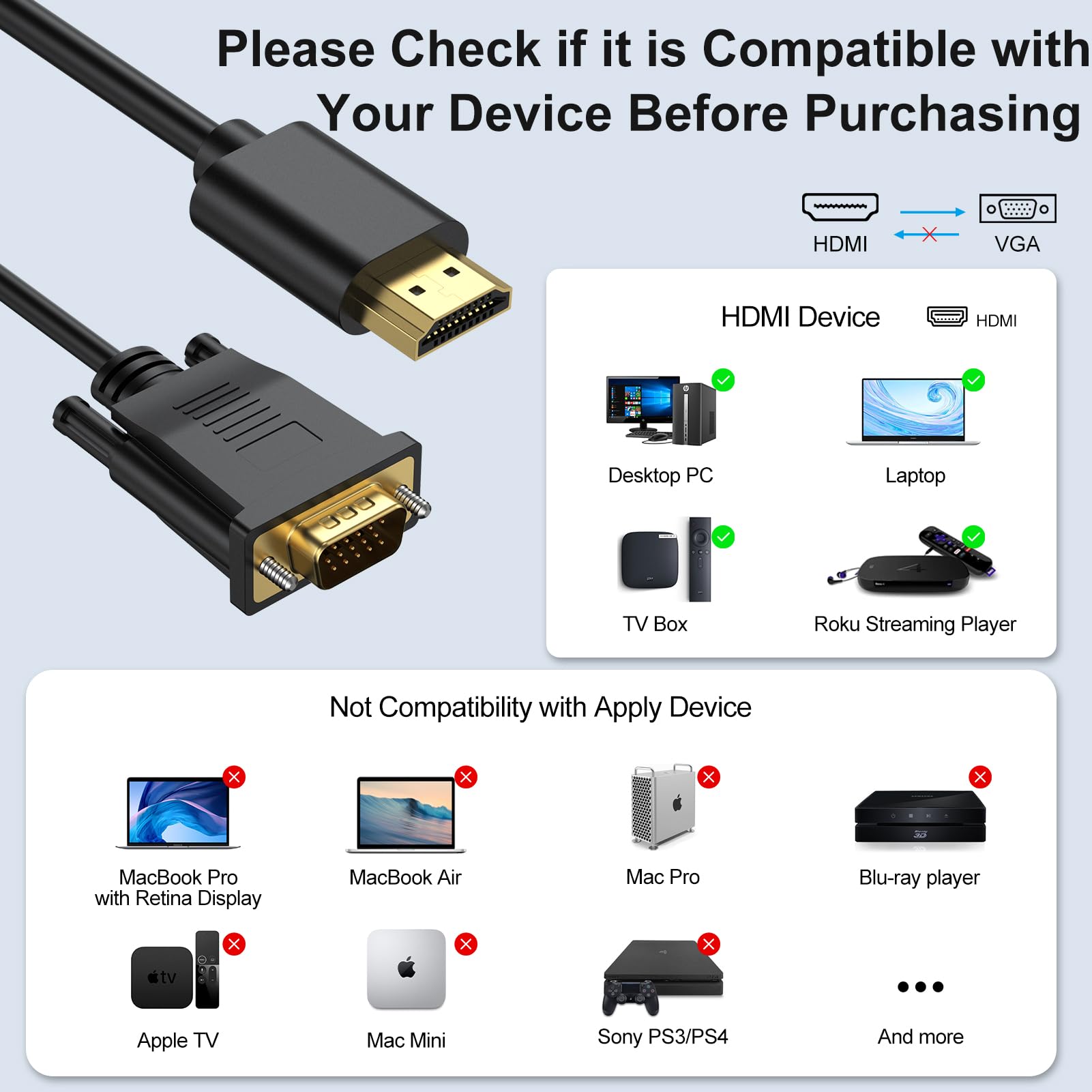 Urelegan Hdmi To Vga Cable 3.3 Feet, Hdmi To Vga Cord (Male To Male) 1080P Hd Video Cables Compatible For Computer, Desktop, Lap