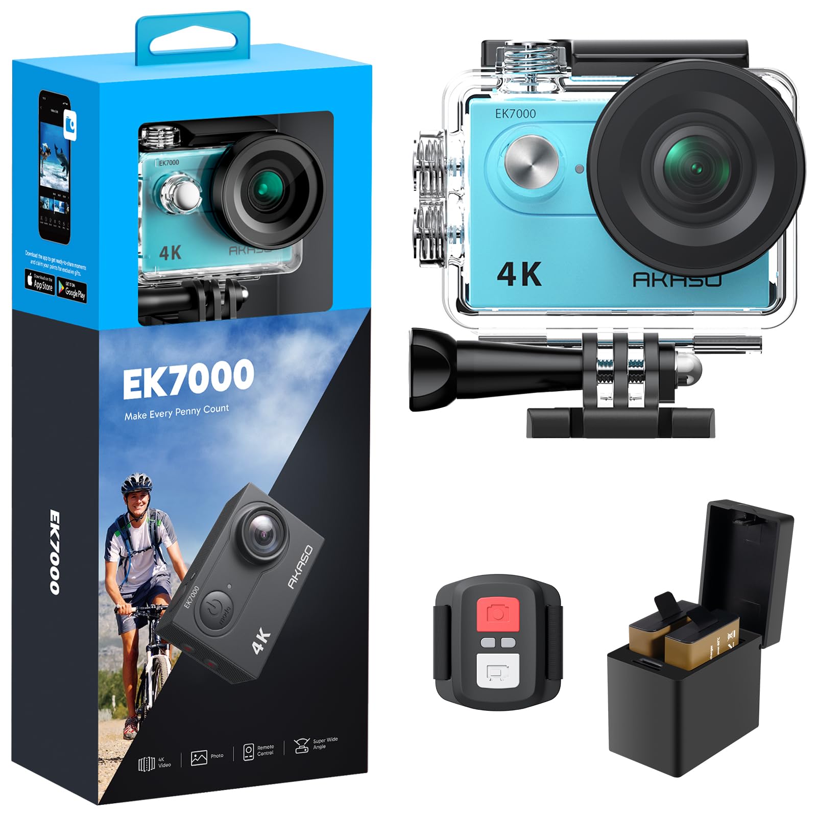 AKASO EK7000 4K30FPS 20MP WiFi Action Camera with EIS Ultra HD 131FT Waterproof Underwater Camera Remote Control 4X Zoom Support