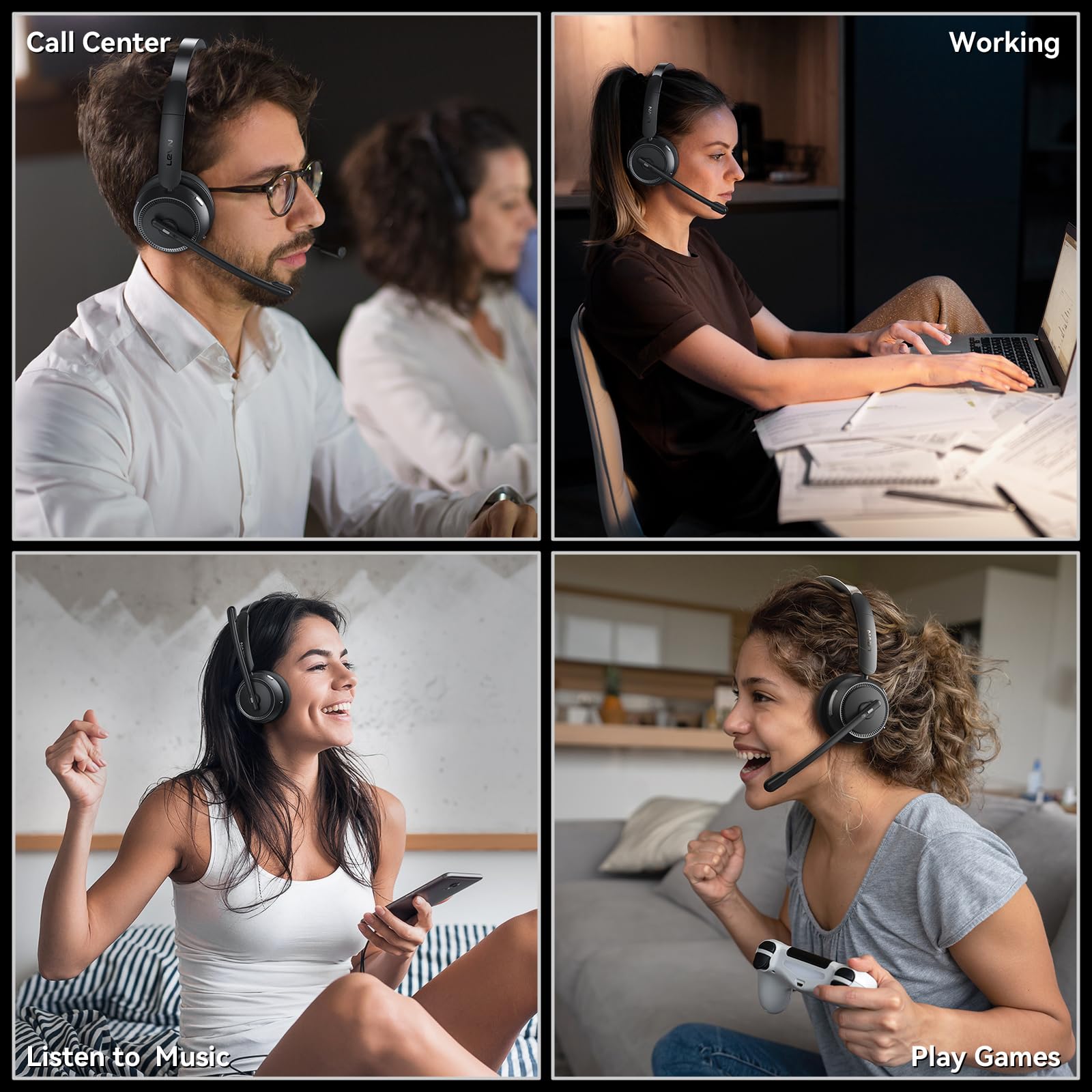 Levn Wireless Headset With Mic For Work, Bluetooth Headset With Microphone (Noise Cancelling), 65 Hrs Working Time 2.4G Wireless Headphones With Mic For Work/Call Center/Pc/Computer/Laptop/Teams/Zoom