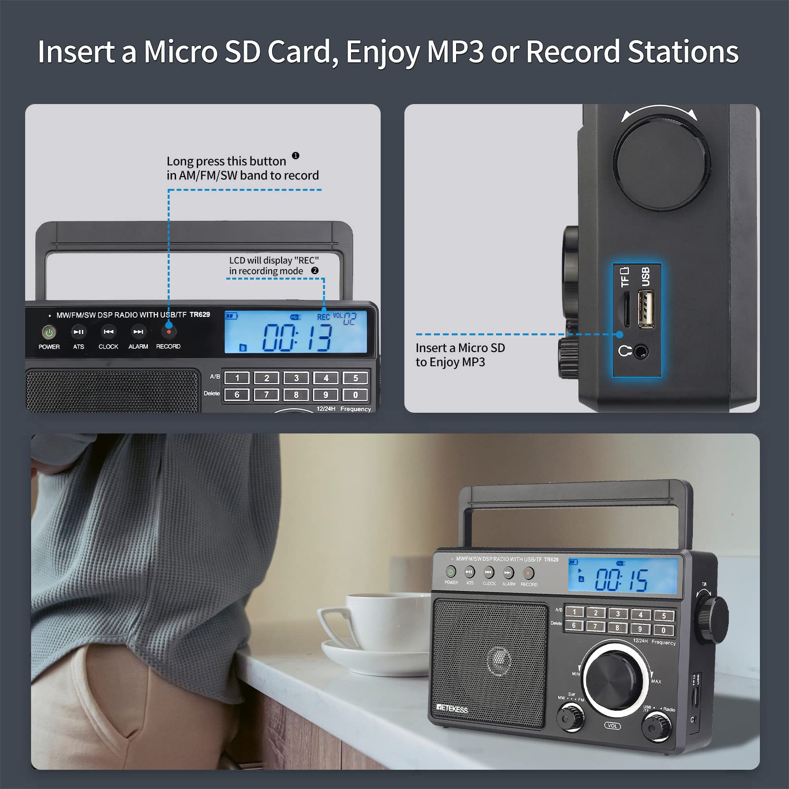 Retekess Tr629 Portable Shortwave Radios, Digital Radio Am Fm Plug In With Dsp, Support Backlight Lcd Display, Digital Tuning And Preset, Usb, Micro Sd, Clock, Recorder