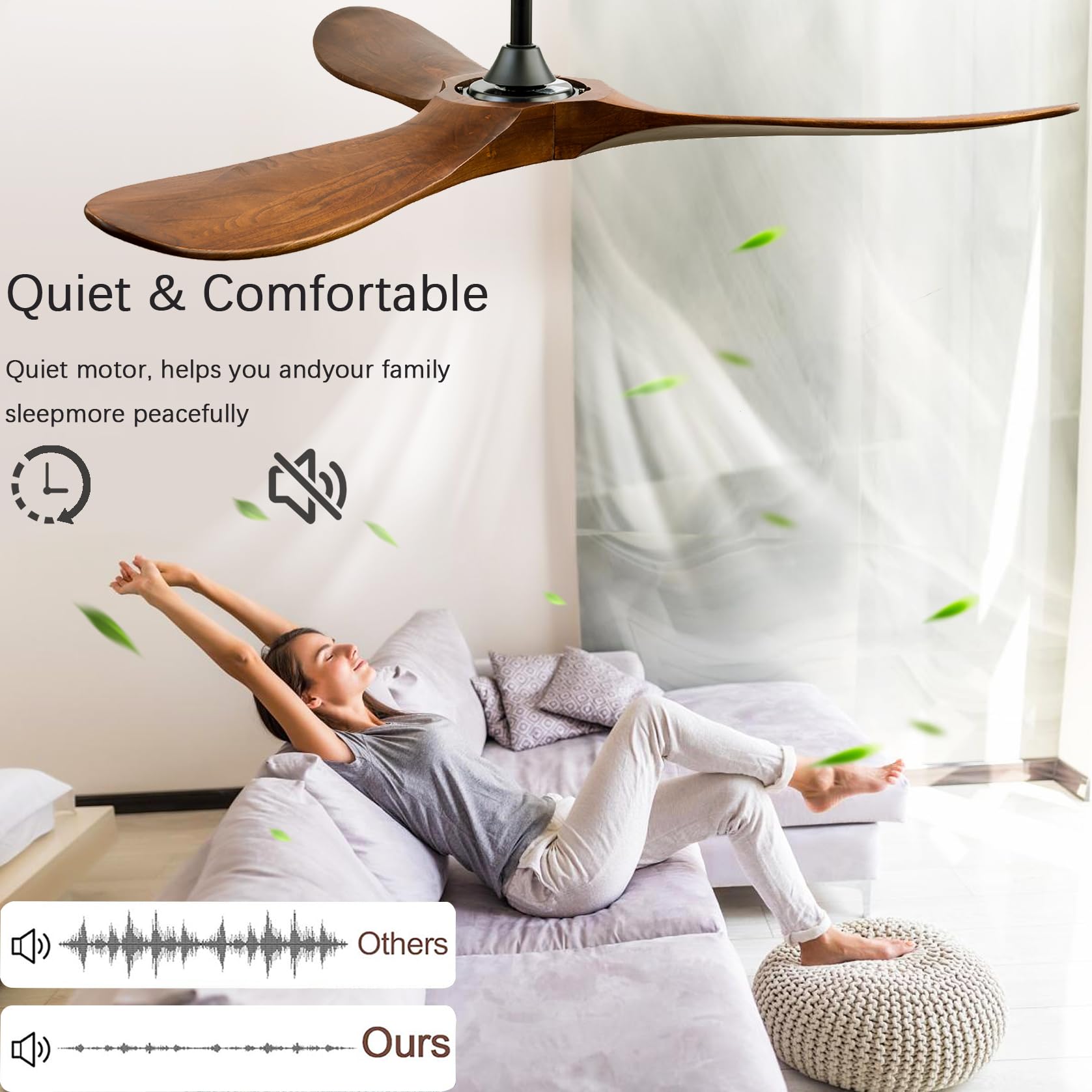 60'' Ceiling Fans ?No Light With Remote Control?, Indoor Outdoor Wood Ceiling Fan ?With 3 Wood Blades? For Patio, Living Room, B