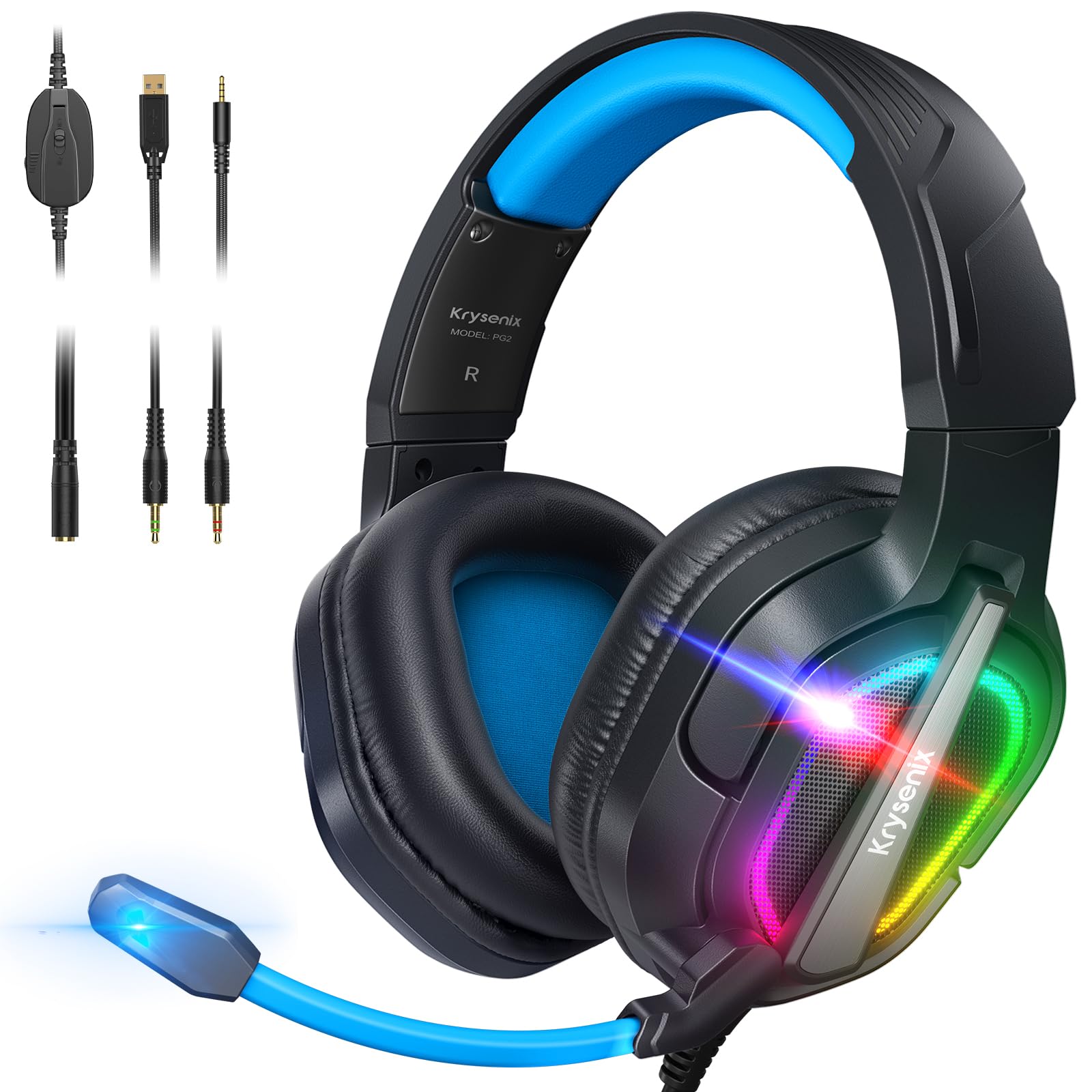 Krysenix Pg2 Gaming Headset For Ps4/Ps5/Pc/Xbox One, Ergonomic Design Over Ear With Ai Stereo Microphone Sound, Computer Headset
