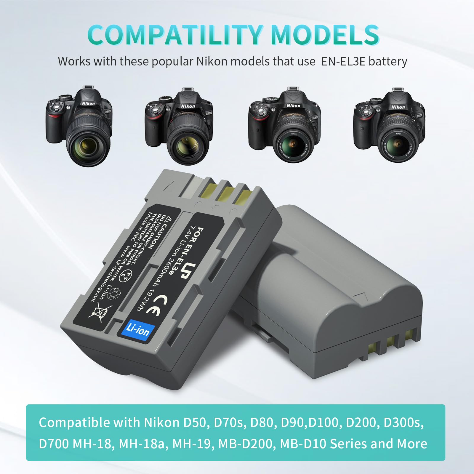 Lp En El3E Battery Pack, 2 Pack 2600Mahbattery For Nikon En El3, El3E, El3A, Compatible With Nikon D50, D70, D70S, D80, D90, D10