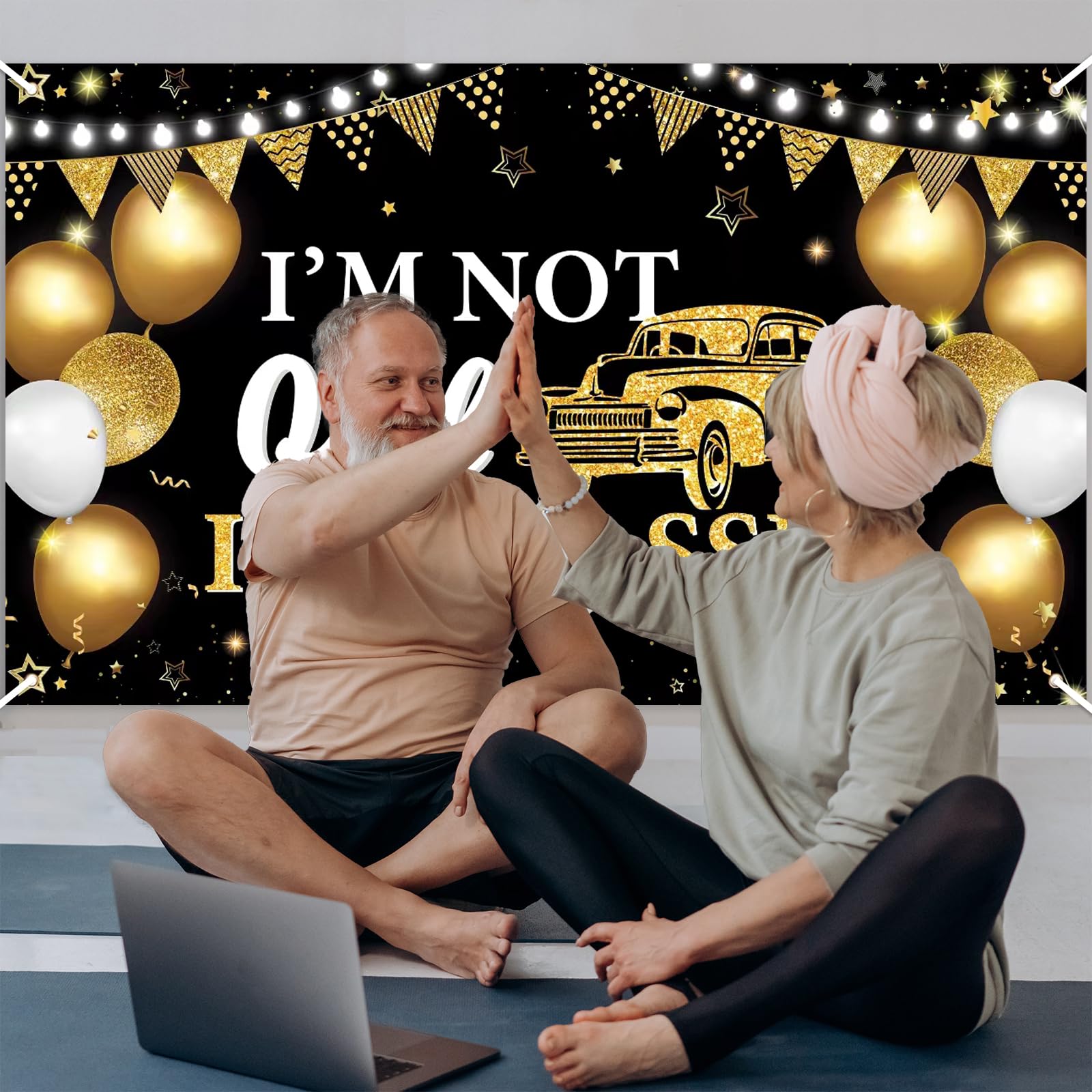 Old Birthday Party Decorations,I'M Not Old I'M Classic Backdrop,Black Gold Funny Classic Car Happy Birthday Backdrop Banner For