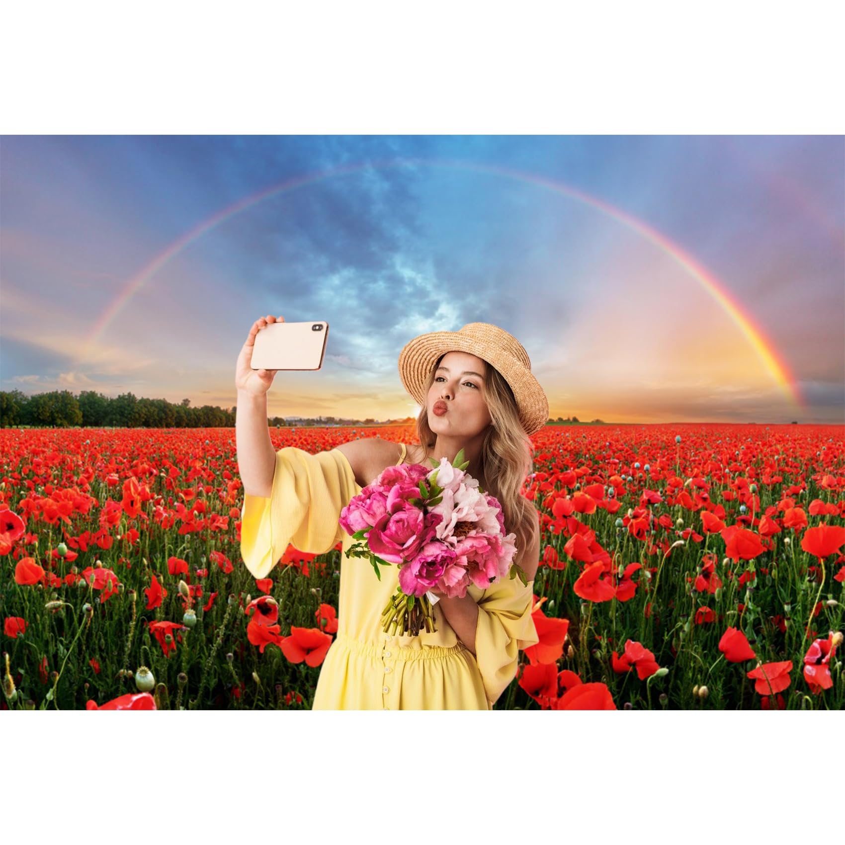 Baocicco 7X5Ft Background For Sunset Rainbow Sky Red Poppy Field Photography Backdrop Outdoor Wedding Backdrop Spring Natural Sc