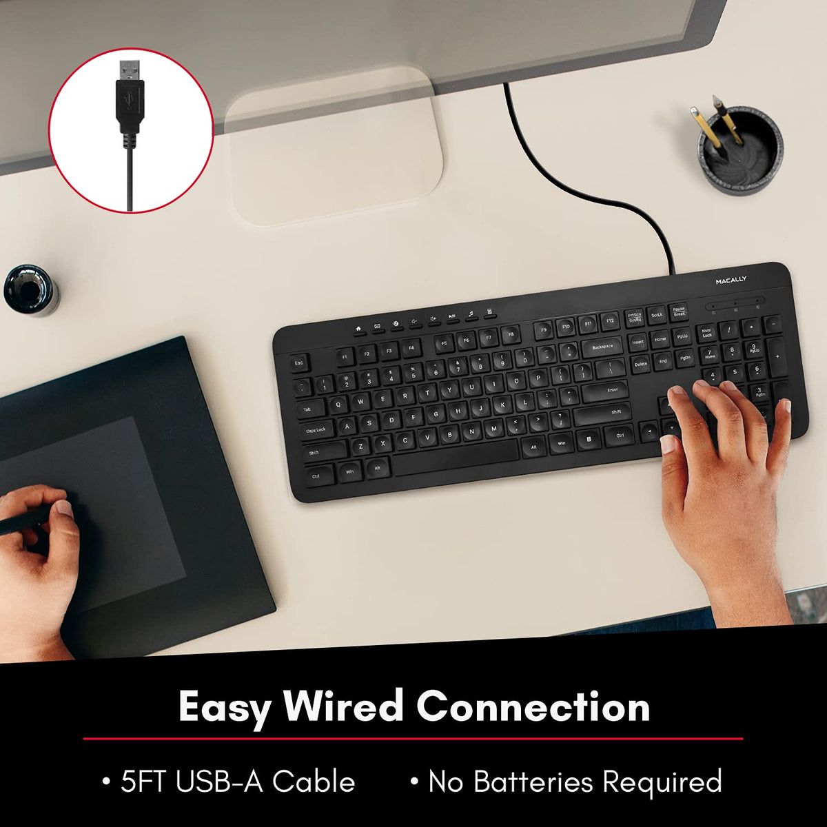 Macally Wired Keyboard | Full Size Computer Keyboard | Quiet Keyboard ...