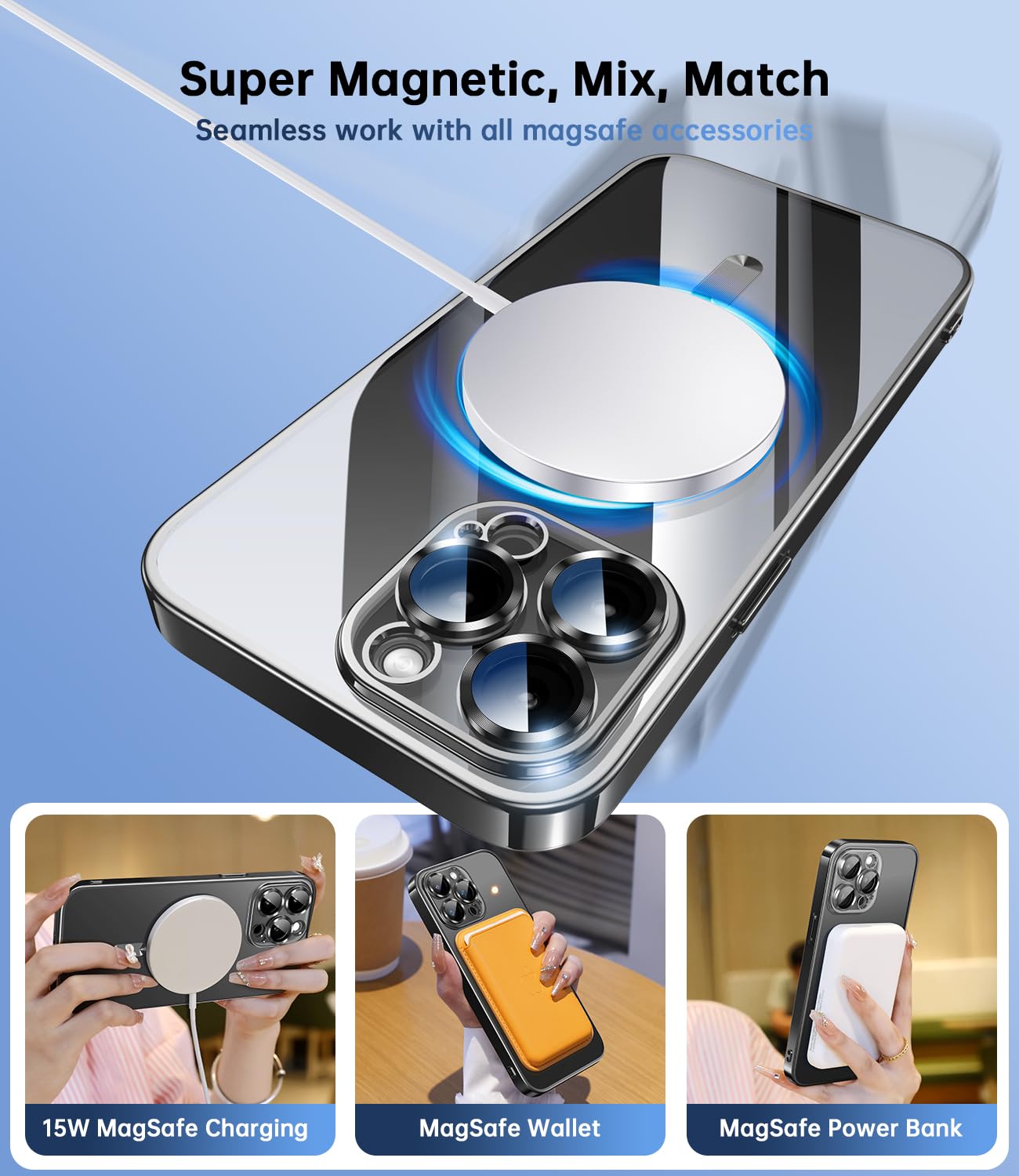 Waldeng Iphone 15 Pro Max Case With Magsafe, Metallic Bumper, And Camera Lens Protection   Black Titanium