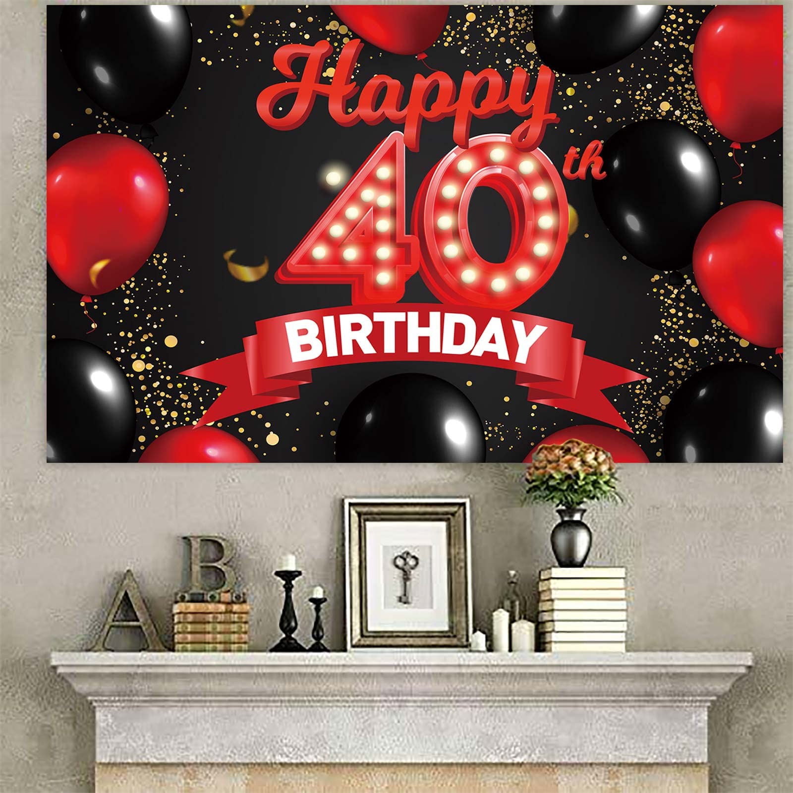 Happy 40Th Birthday Red And Black Banner Backdrop Decorations Balloons Theme Decor For Girls Women Princess 40 Years Old Birthda