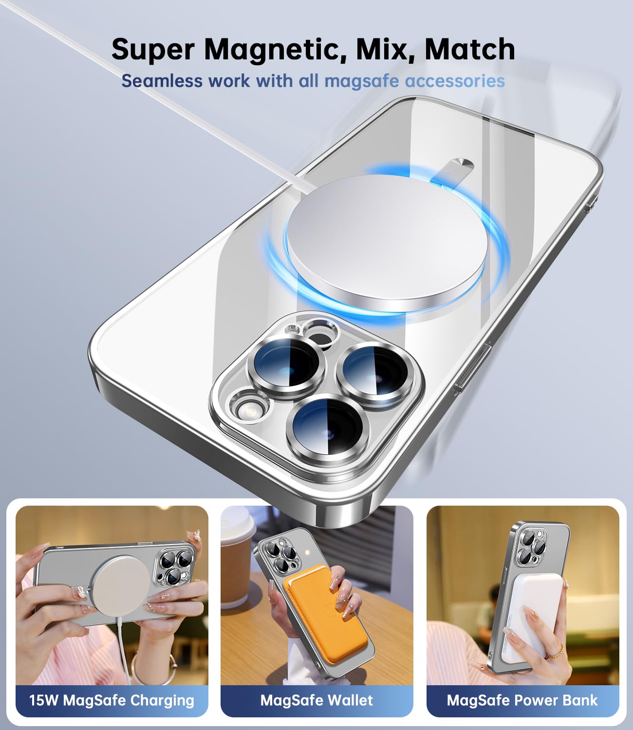 Waldeng For Iphone 15 Pro Case With Integrated Camera Lens Protection, [Seamless Work With Magsafe] [Metallic Glossy Soft Bumper