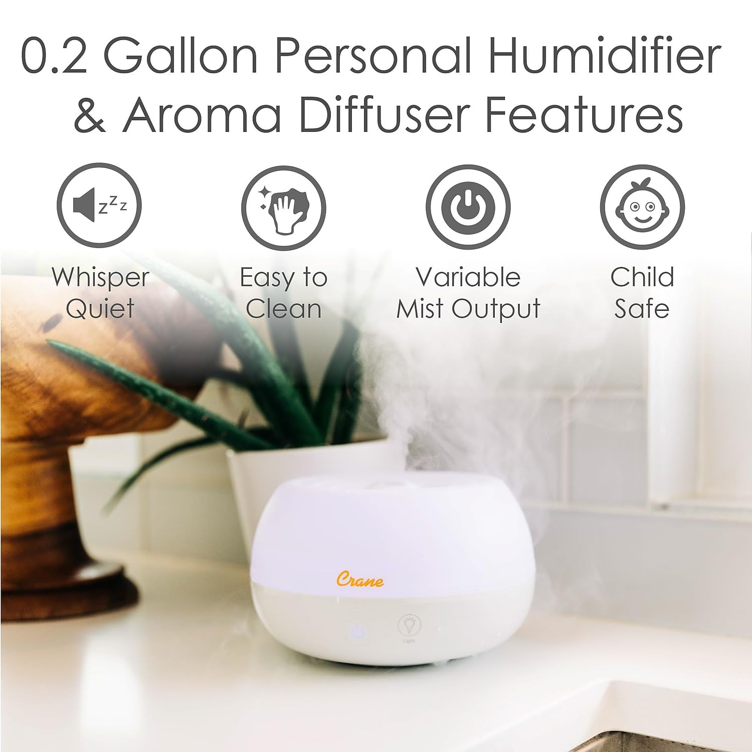 Crane Small Ultrasonic Diffuser And Air Humidifiers For Bedroom And Office, .2 Gallon Cool Mist Humidifier For Personal Use, No